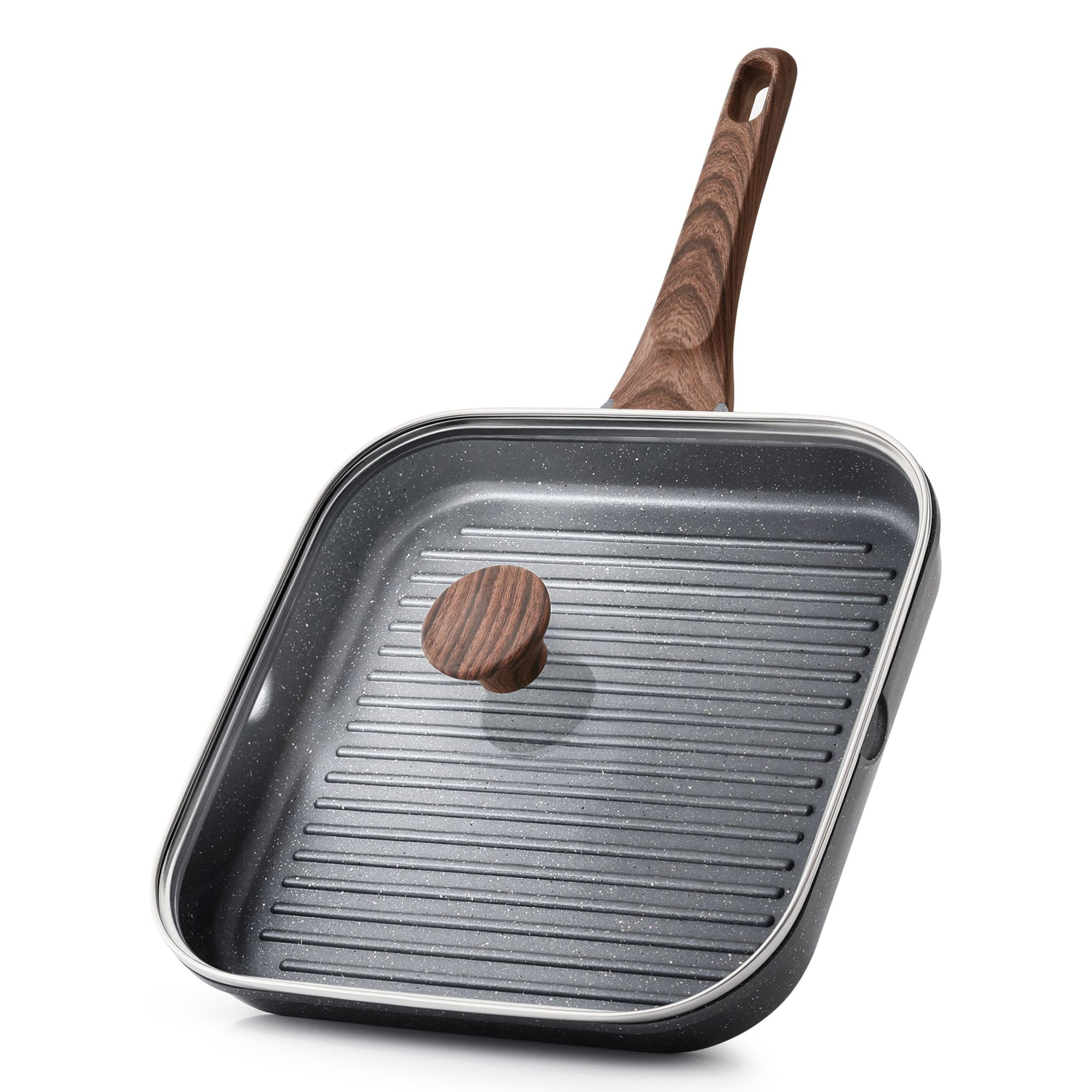 SENSARTE Nonstick Grill Pan with Lid, Grill Pan for Stove Tops, Versatile Griddle with Pour Spouts, Square Big Cooking Surface, 