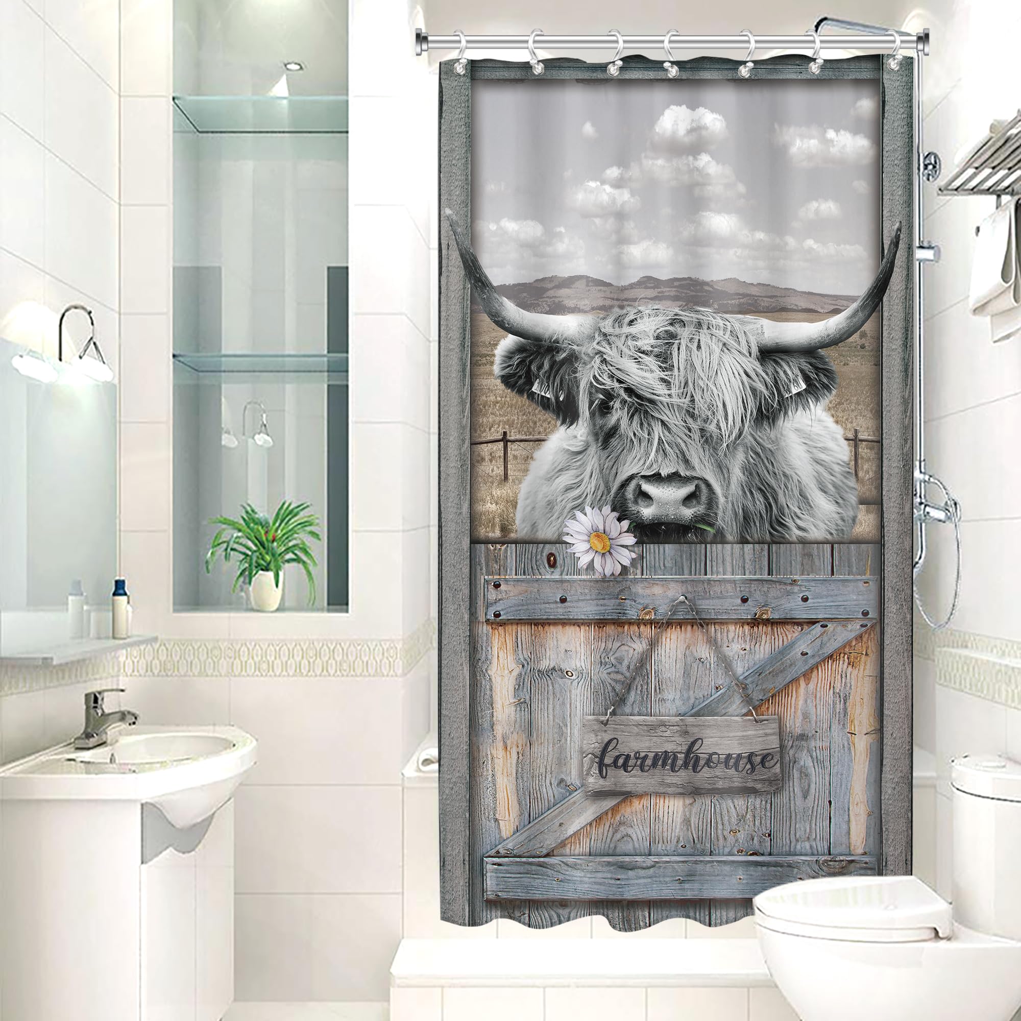 Ambzek Small Stall Funny Highland Cow Shower Curtain 36Wx72L Inch Rustic Farmhouse Bull Wooden Barn Door Western Animal Artwork
