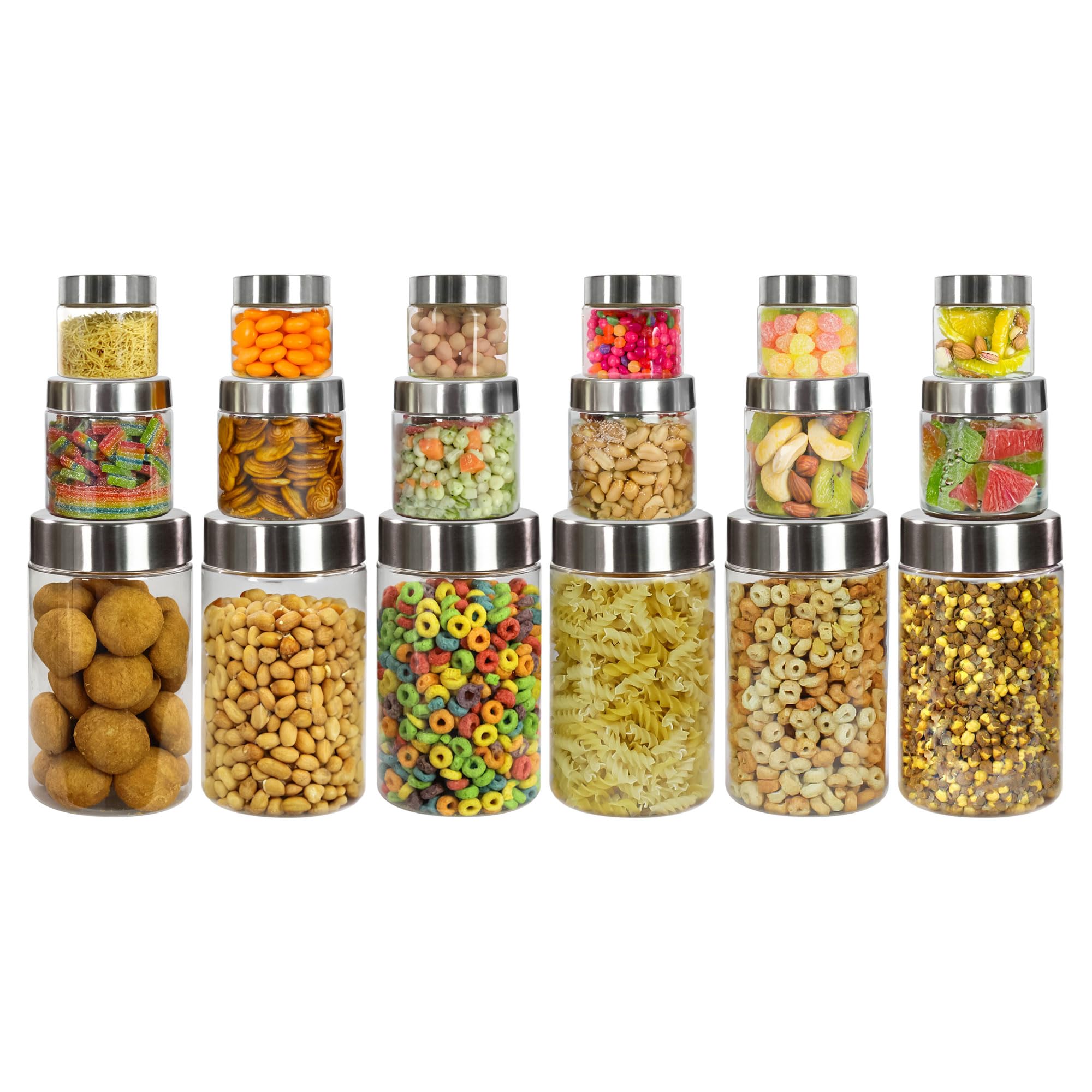 Pearlpet Plus Container For Kitchen Storage Set With Stainless Steel Caps Set Pack Of 18 Pcs 200 Ml, 500 Ml, 1000 Ml Suitable Fo