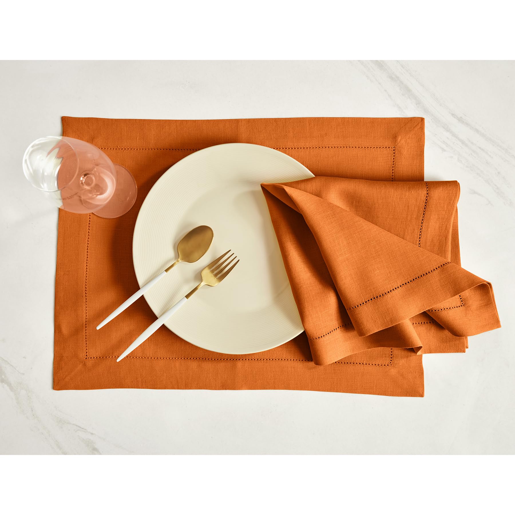 Solino Home Linen Placemats 19'' L X 14'' W Inch - 100% Pure Linen Prewashed Pumpkin Cloth Placemats Set Of 4 - Sonoma Hemstitch
