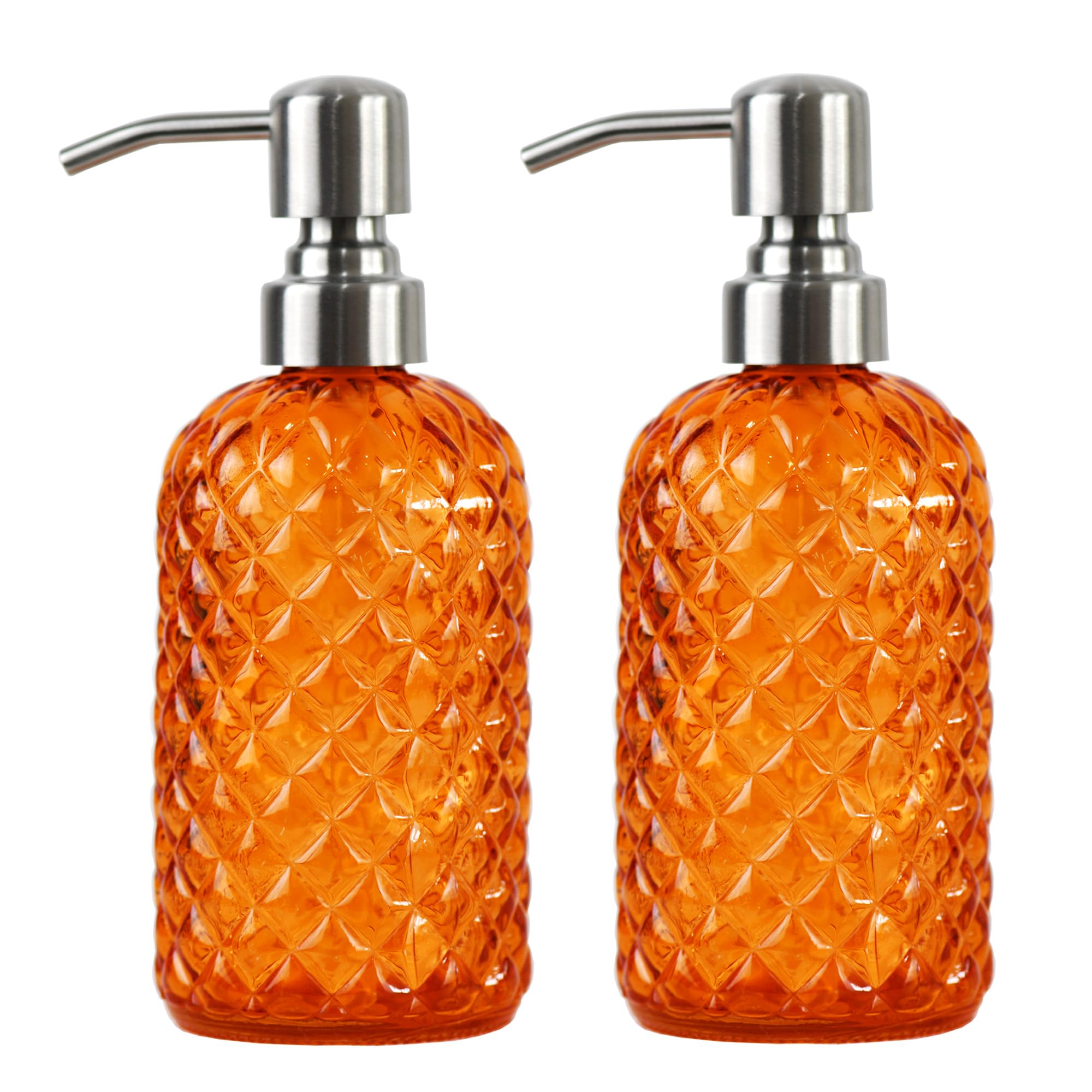 Bathroom & Kitchen Glass Hand And Dish Soap Dispenser With 304 Rustproof Stainless Steel Pump (Orange-2Pack)