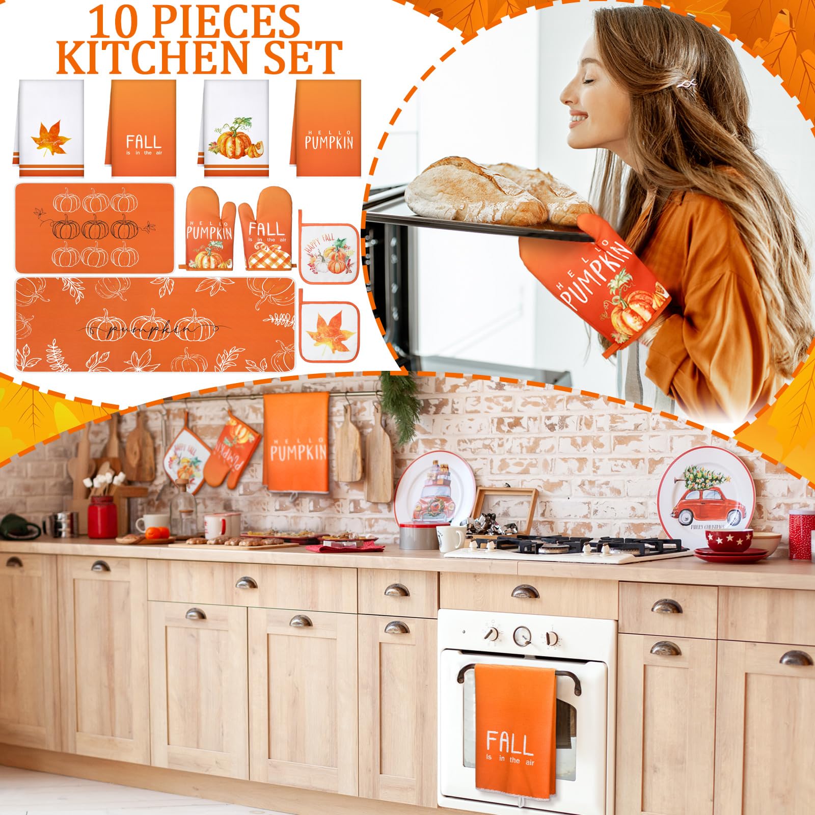 Fourluoo 10 Pcs Thanksgiving Fall Kitchen Decor Set Fall Oven Mitts and Pot Holders Pumpkin Maple Leaves Dish Towels Kitchen Rug