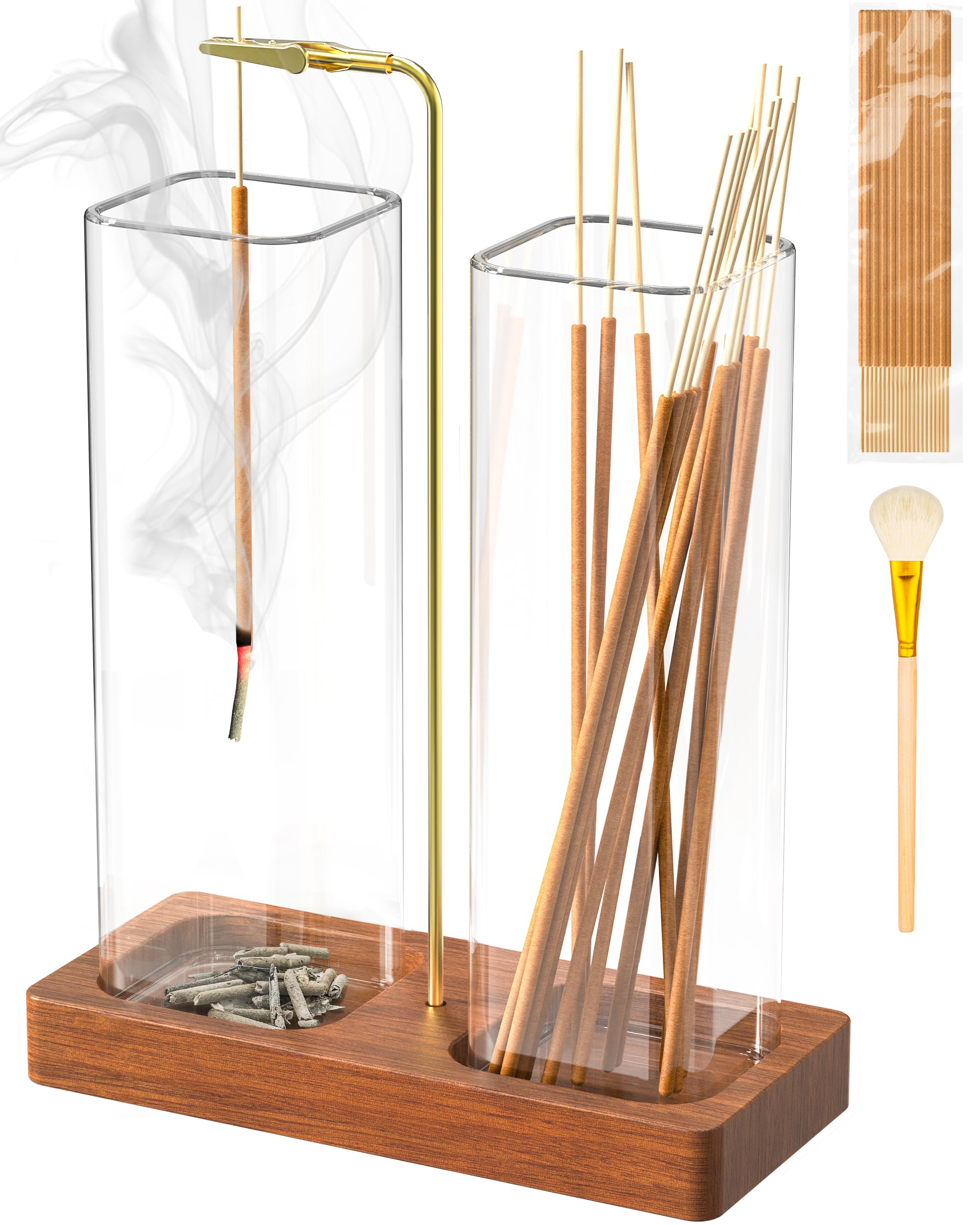 Incense Holder for Sticks, 2 in 1 Incense Burner with 7.1 & 7.1 Glass Jars, Upside Down Incense Holder with Ash Catcher & Storag