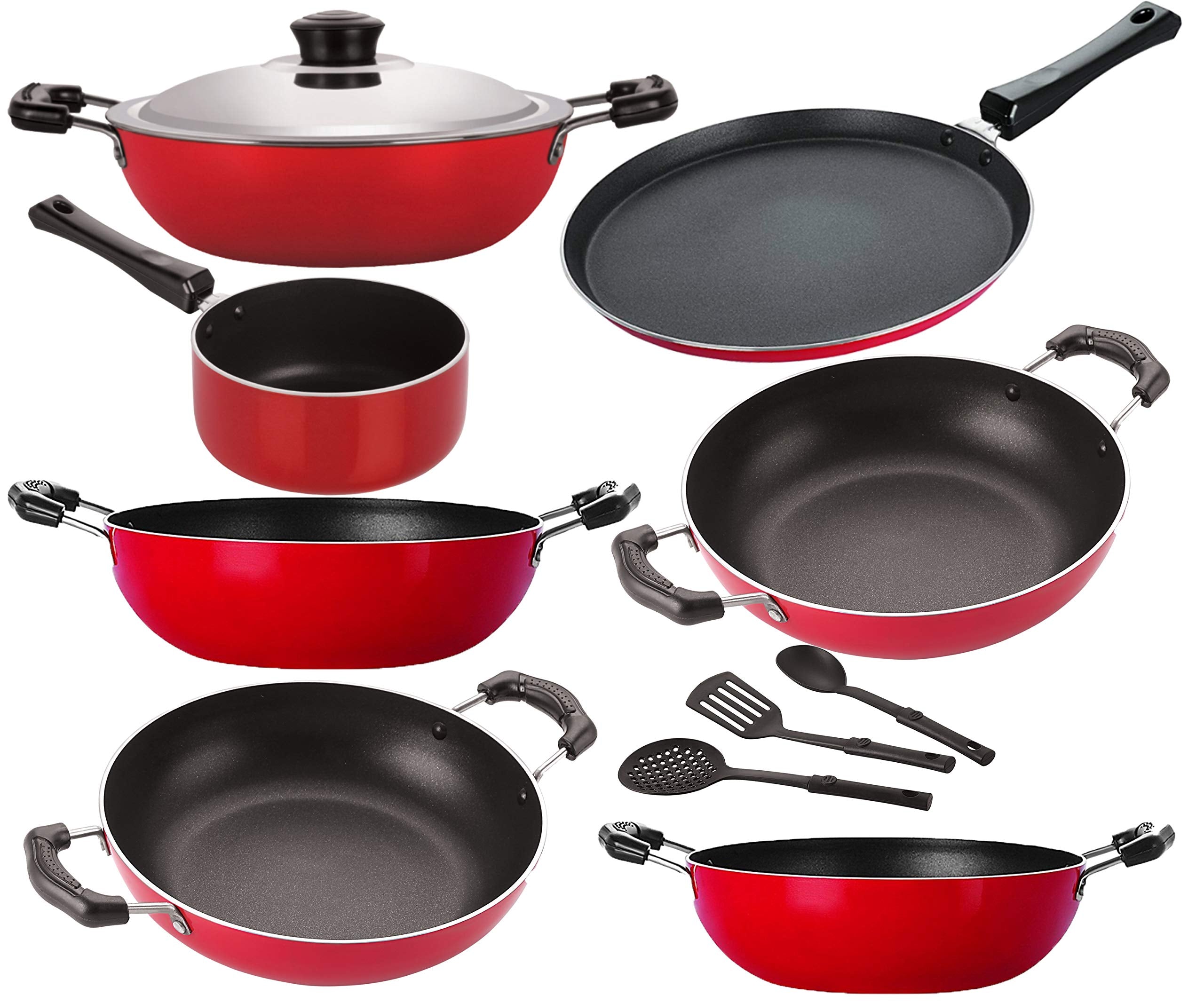 Nirlon Non Stick Aluminium Cookware 5 Deep Kadhai/Flat Tawa/Sauce Pan/3 Nylon Spoon  Set Of 10 (Red,Black)