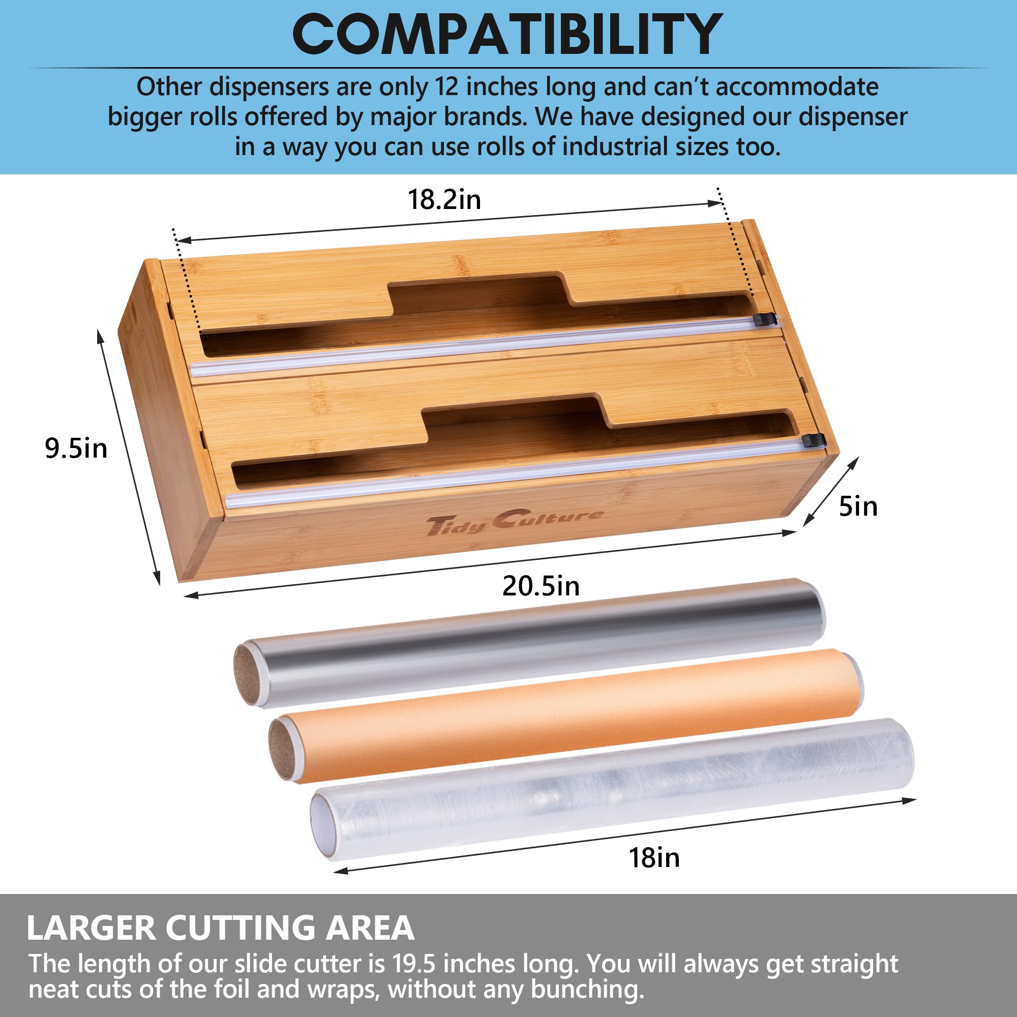 Tidyculture 18 Inch Large Foil Wrap Dispenser With Cutter, 2 In 1 Aluminum Butcher Parchment Paper Freezer Tin Wax Cling Foil Pl