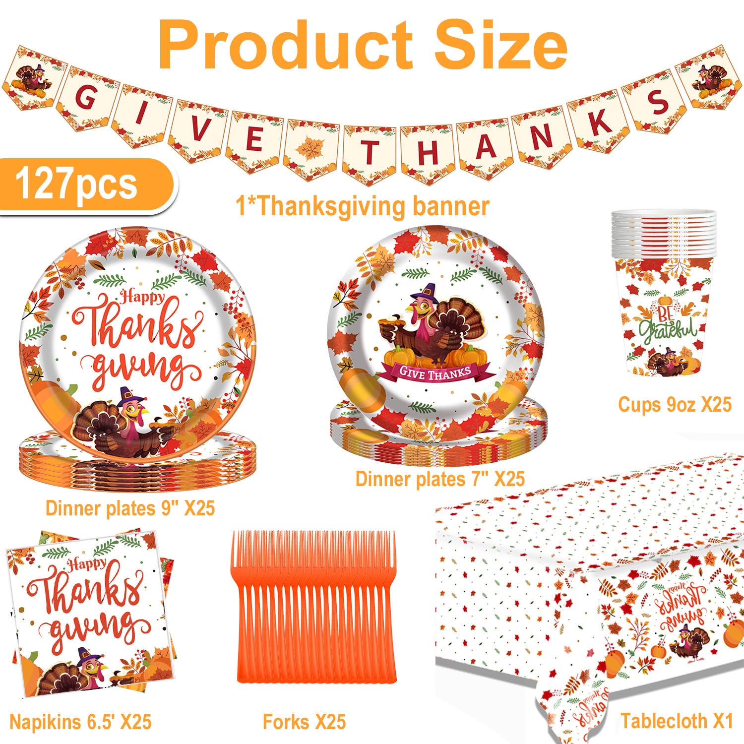 Thanksgiving Banner and 127pcs Party Paper Plate set, with Turkey Tablecloth and Napkins, Disposable Plates Dinnerware for 25 Gu