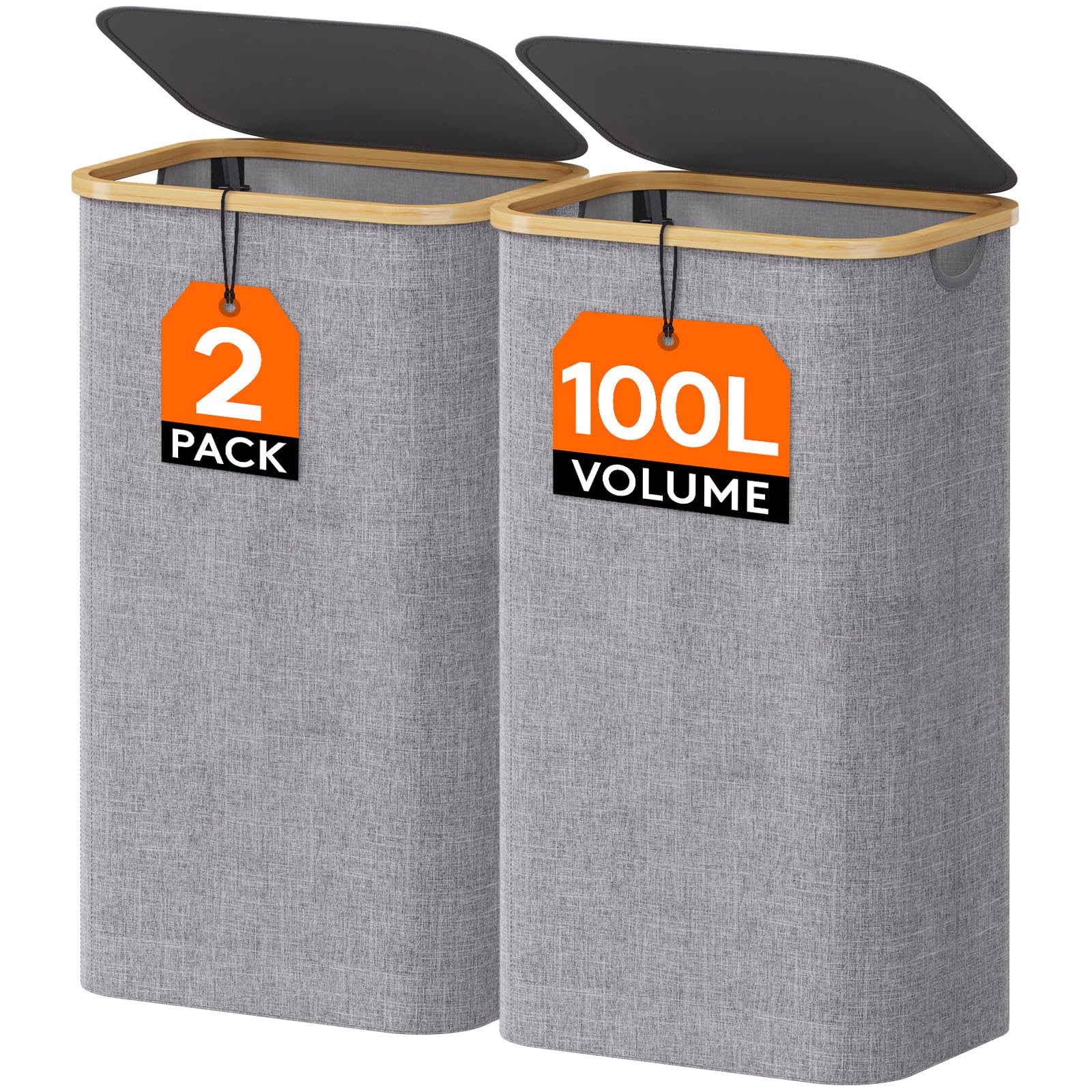 Lifewit 100L Laundry Basket With Lid, Clothes Hampers For Laundry With Bamboo Handles And 2 Removable Laundry Bags, Large Foldab