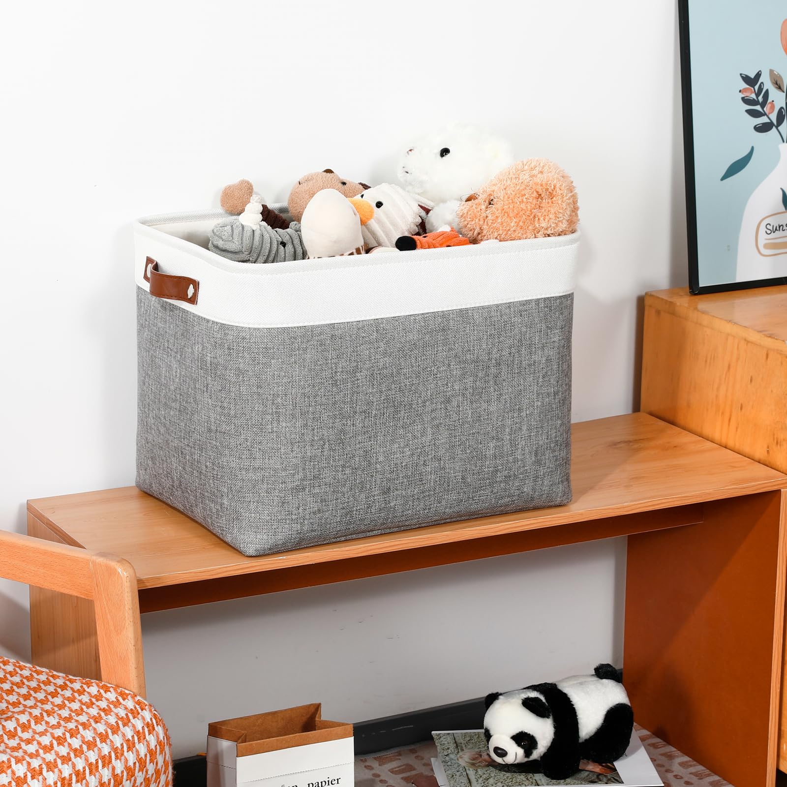 Dullemelo Large Storage Baskets, Fabric Storage Basket With Leather Handles For Shelves Closet Nursery Toy Storage, Collapsible