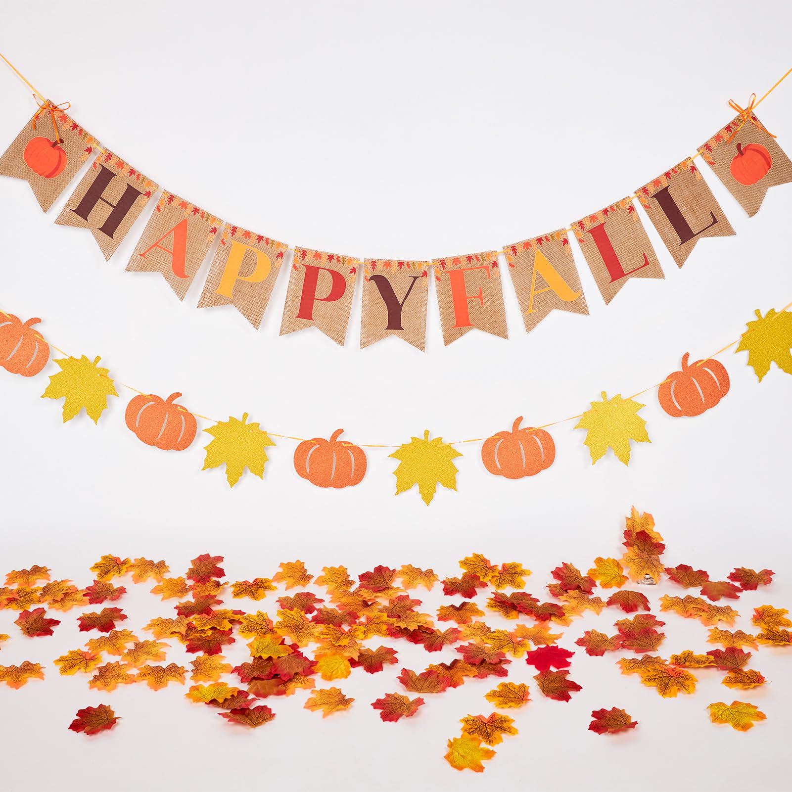 Homarkable Pre-Strung Happy Fall Burlap Banner, Pumpkin Banner, and 100 Pcs Maple Leaf Confetti for Autumn Fall Thanksgiving Hom