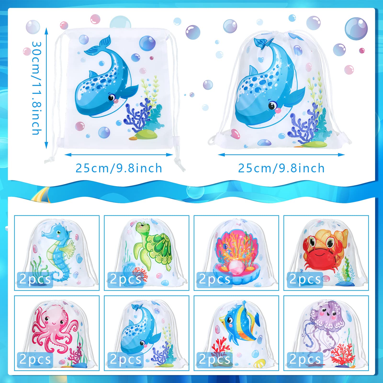 Woanger Ocean Drawstring Party Bags - 16 Pcs Sea Animal Goodie Bags, 11.8 x 9.8 Inches, Reusable for Kids Birthday Party Decorations