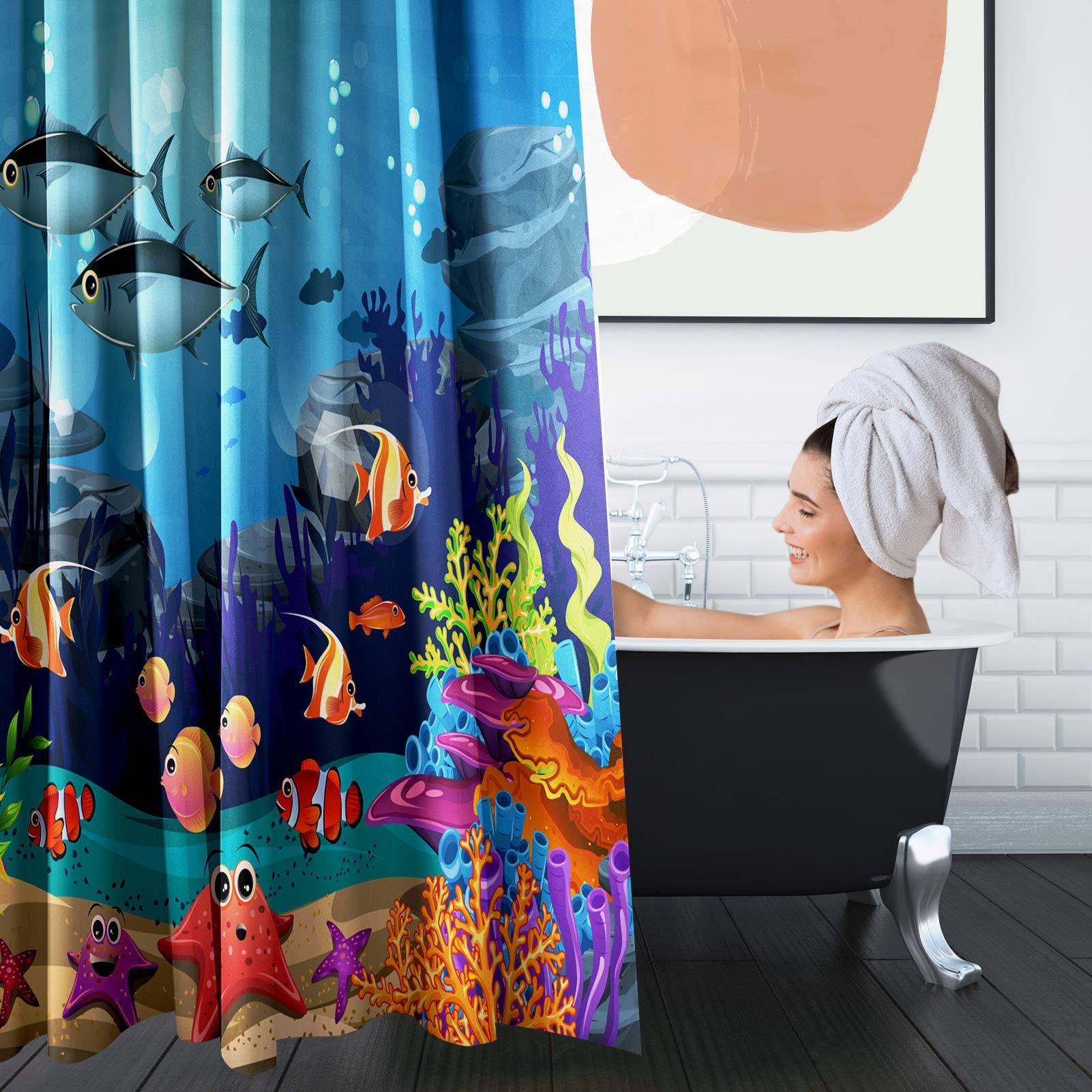 Britimes 4 Piece Shower Curtain Sets  Blue Ocean Fish with Non-Slip Rugs  Toilet Lid Cover and Bath Mat  Durable and Waterproof  for Bathroom Decor Set  72'' x 72''