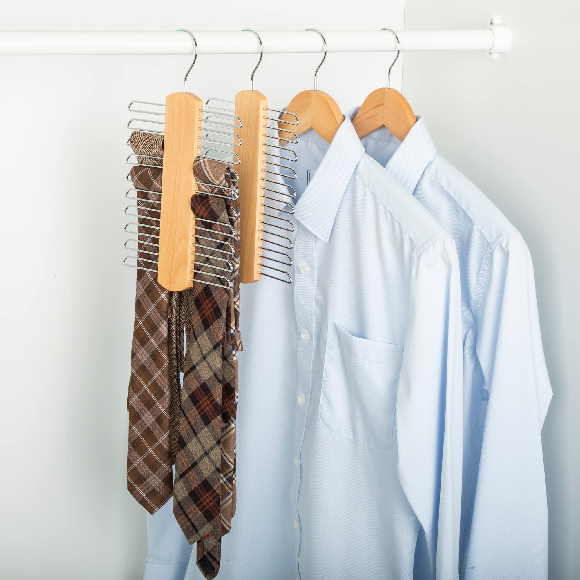 Amazon Basics 20 Bar Wooden Tie Hanger & Belt Rack - Natural  2-Pack