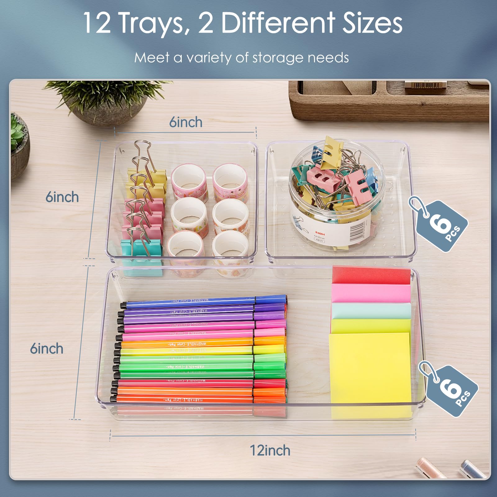 12 Pack Large Clear Plastic Drawer Organizer Set, Acrylic Bathroom Organizer Vanity Trays Dividers, Kitchen Organizers and Stora