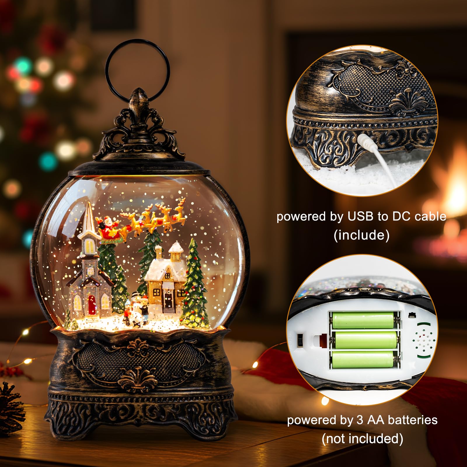 Christmas Snow Globes Lantern Snow Globe with Music Water Lantern Santa Flying Scene Elk Lighted Swirling Water Glitters Snowglo