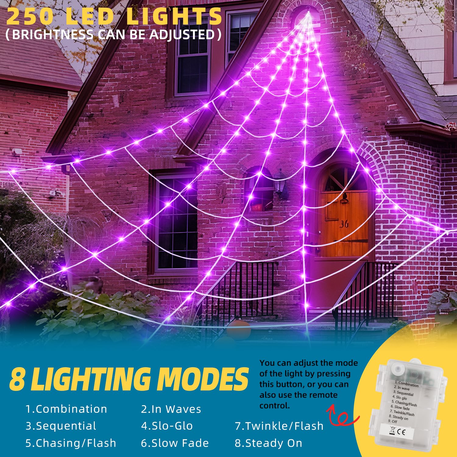 ININ Halloween 200 Spider Web Light Decorations Outdoor/Indoor with 250 LED Lights,Scary Party Decorations,Giant Light Up Spider
