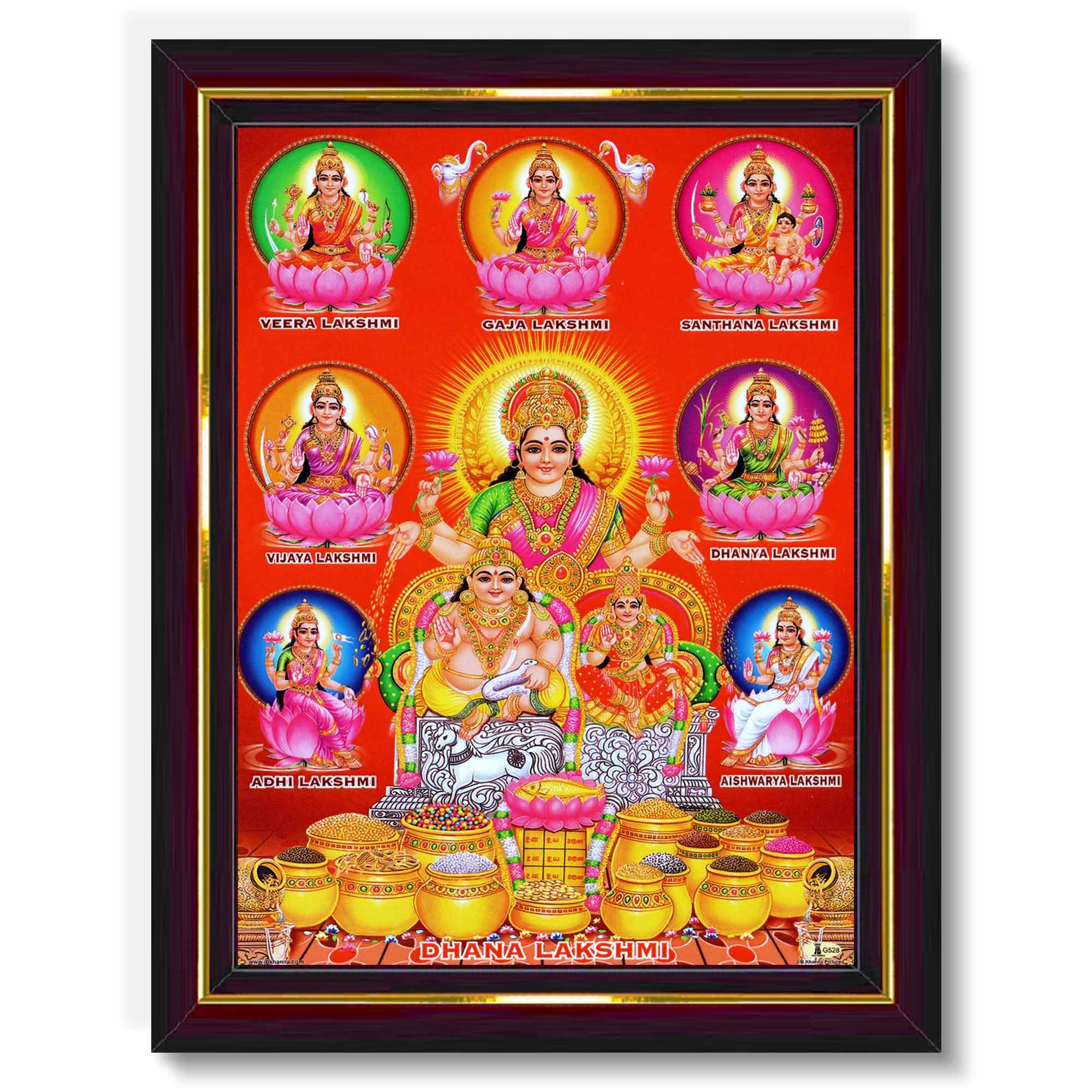 Pavan Photo Laminations Lakshmi Kubera Laxmi Devi Ashtalakshmi Kuber Wall Painting Framed Home Decor (Wood,Matte,Brown,Big Size,