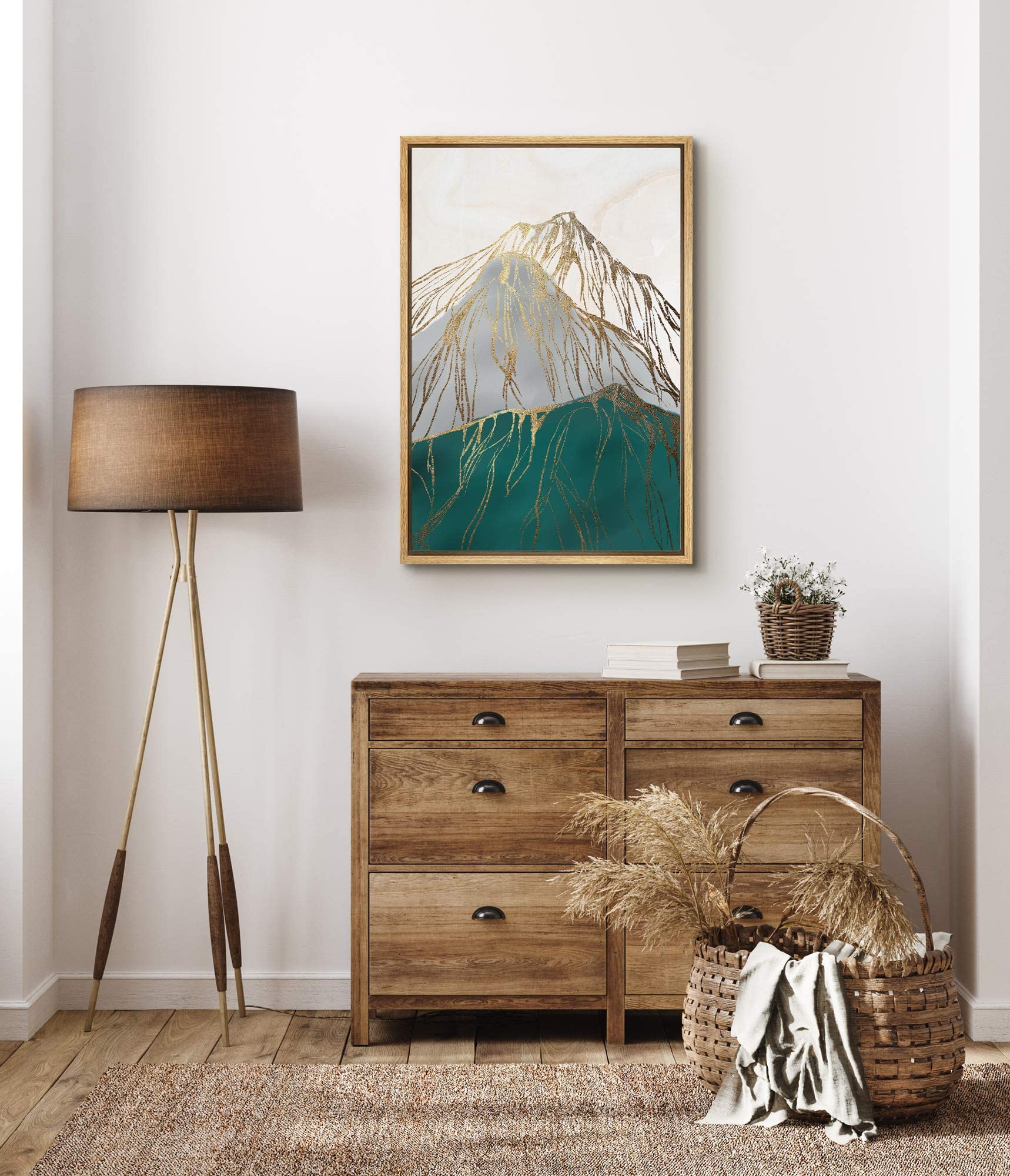 Signford Framed Canvas Print Wall Art Golden Lines Over Multicolor Mountains Abstract Wilderness Illustrations Modern Art Scenic