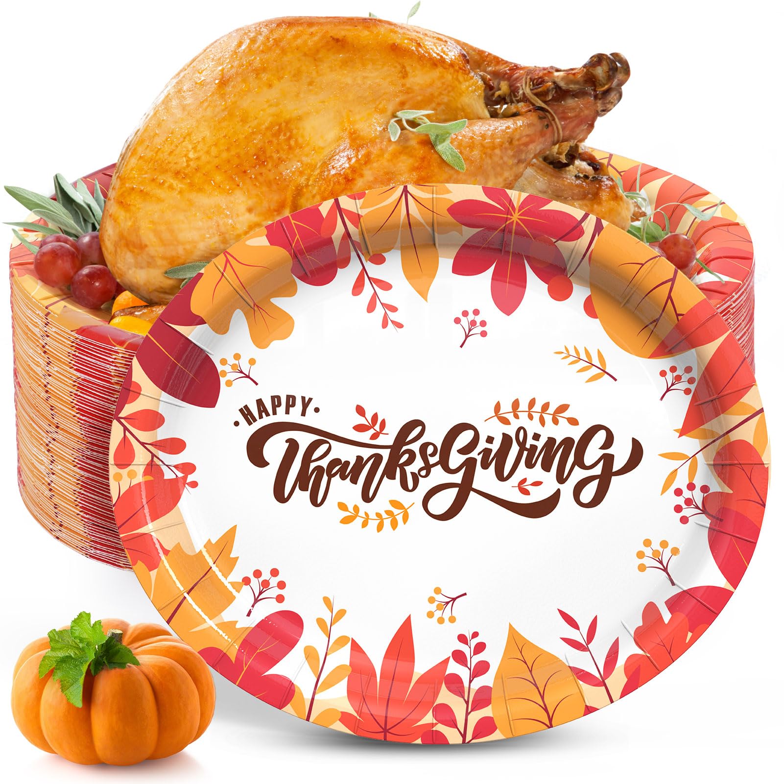 Gezond 50 Pcs Thanksgiving Oval Paper Plates, 10 x 12.5 Fall Disposable Heavy Duty Plates for Thanks Theme Party Supplies Autumn