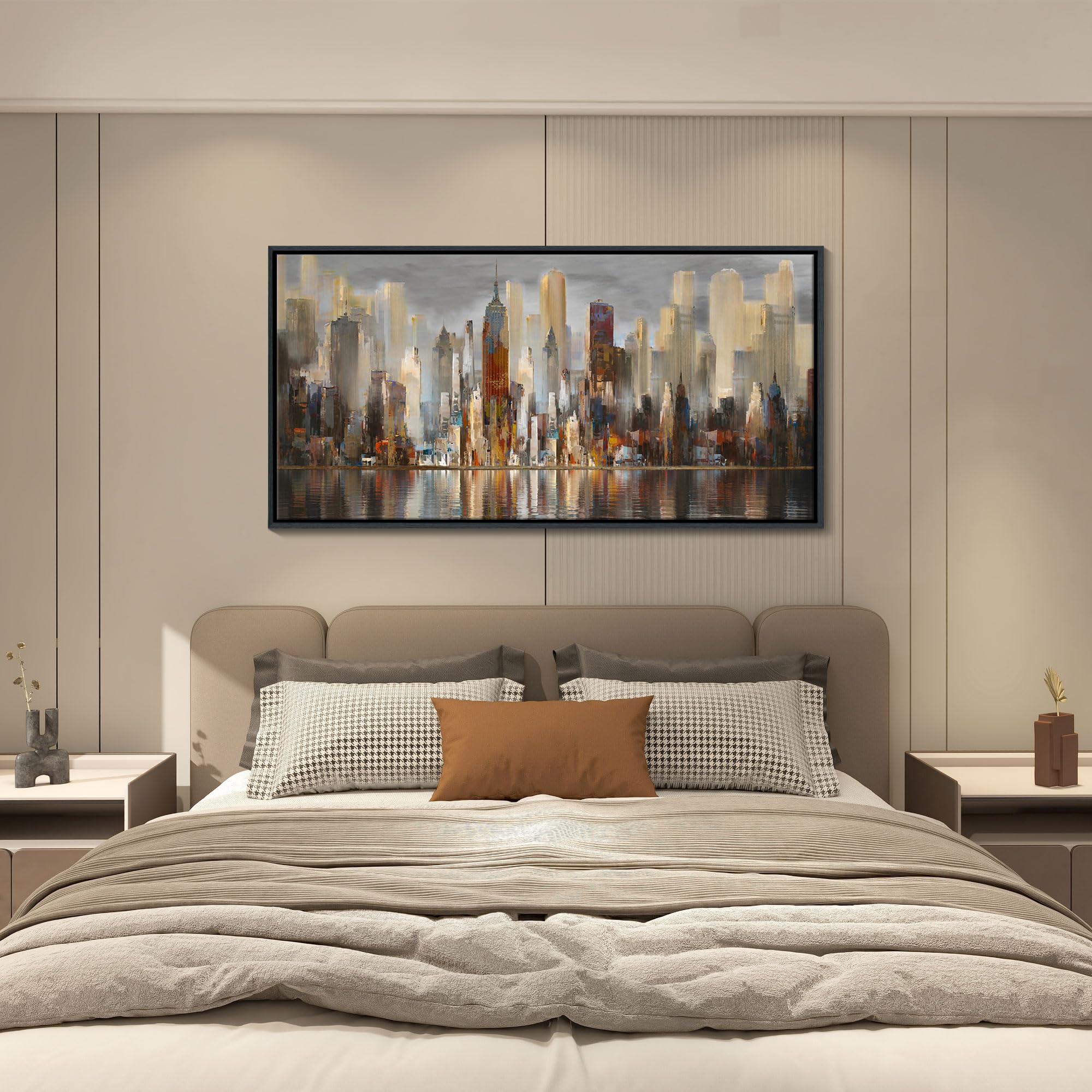 Abstract Brown New York City Canvas Wall Art Framed Large Wall Art For Living Room Modern Paintings For Bedroom Cityscape New Yo