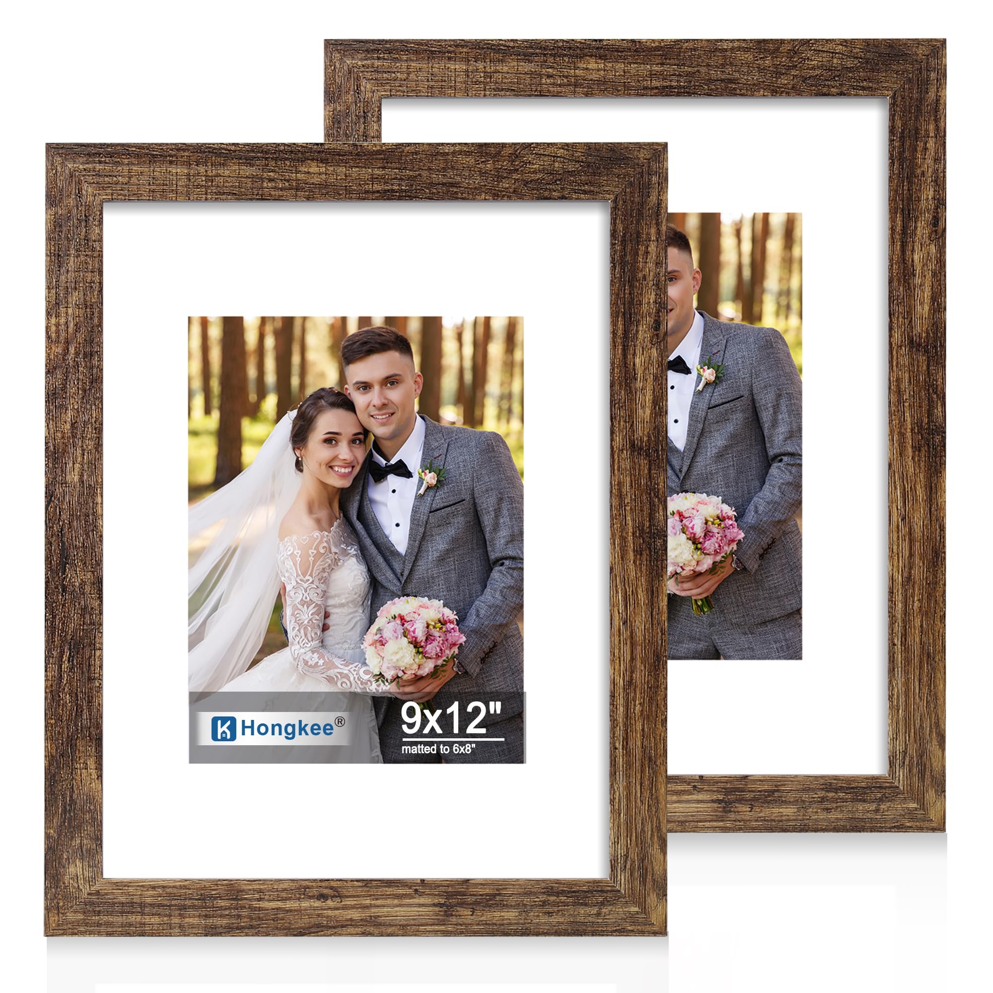 Hongkee 9x12 Picture Frame Set of 2, Made of Real Glass and Rustic Brown Wooden Frame - Display Pictures 6x8 with Mat or 9x12 Wi