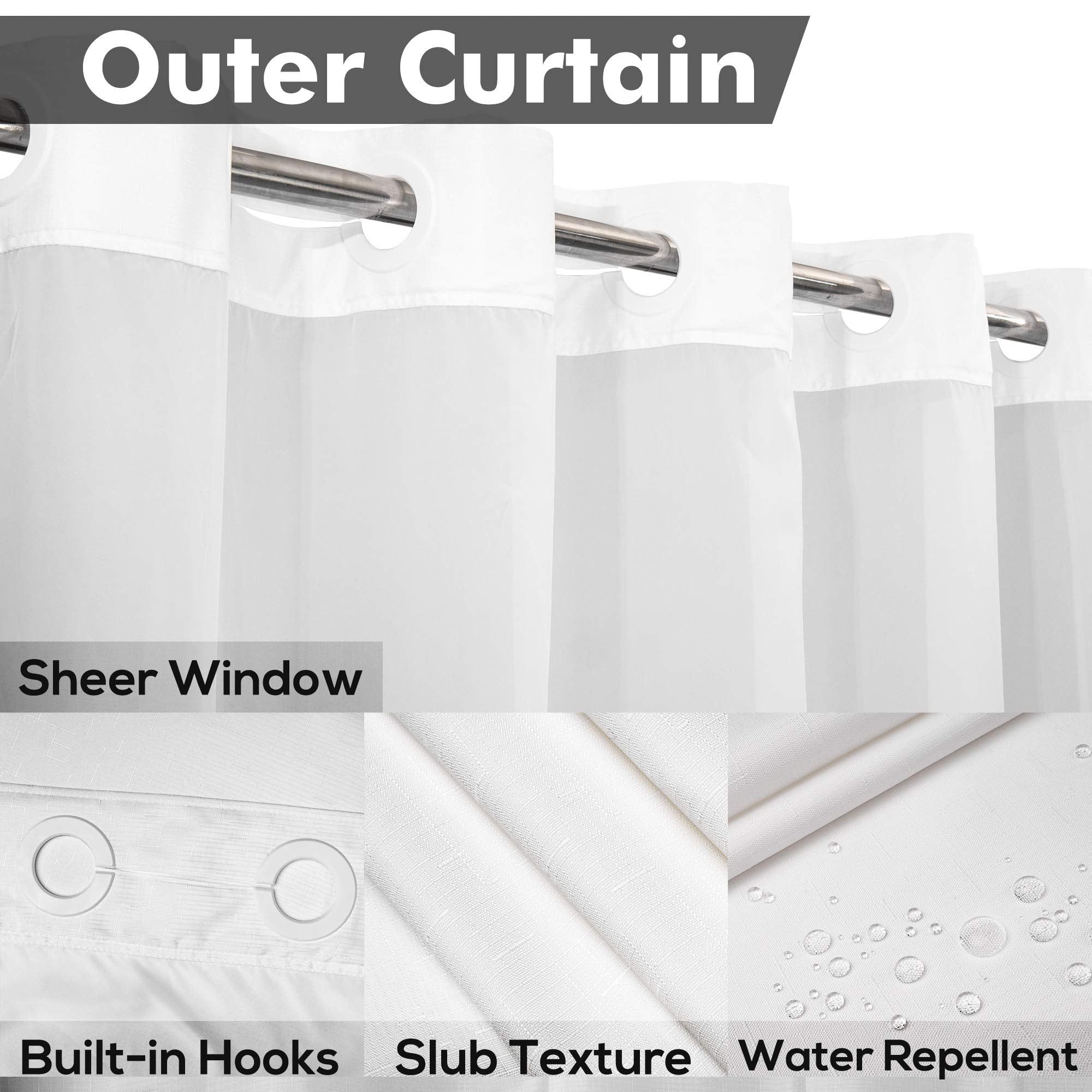 No Hook Slub Textured Shower Curtain with Snap-in PEVA Liner Set - 71'' x 74''(72'')  Hotel Style with See Through Top Window  Fabric Outer Curtain & Waterproof Inner Liner  White  71x74