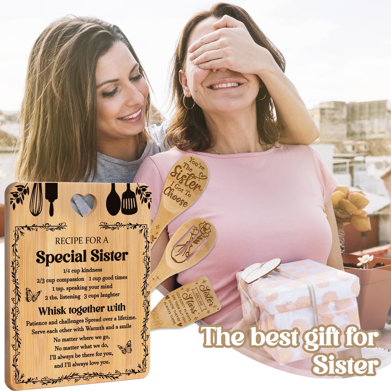Gifts for Sister -  Recipe for a Special Sister  Sister Birthday Gifts Cutting Board Set, Bamboo-Made Engraved Utensil Set Siste