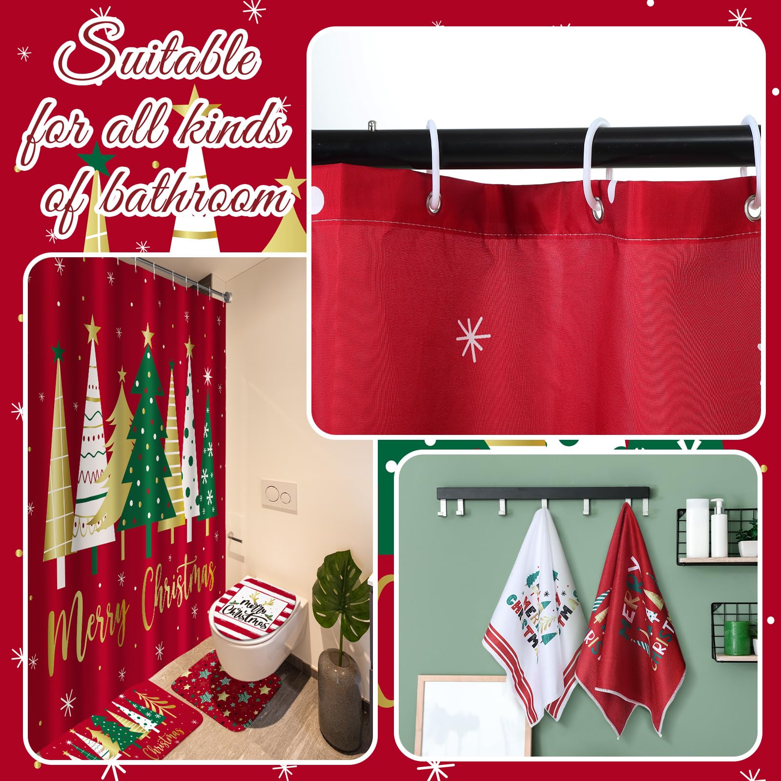 Honoson 8 Pcs Christmas Shower Curtain Set with Rugs and Kitchen Towels Farmhouse Christmas Tree Shower Curtain Bathroom Set for