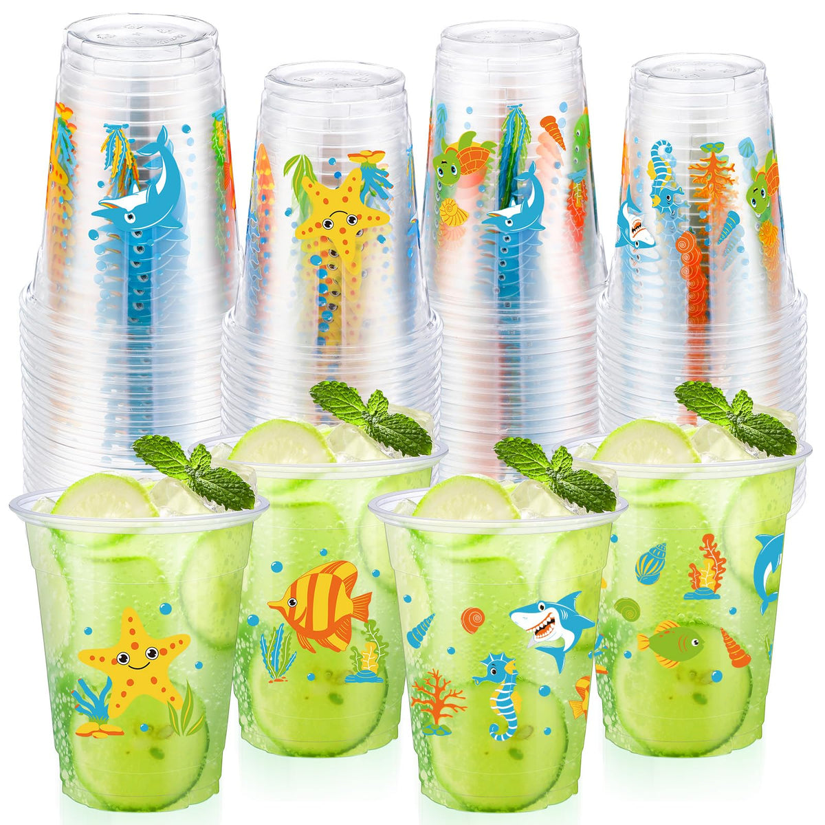 Yaomiao 50 Pieces Sea Animals Cups 12 Oz Bulk Ocean Disposable Plastic Cups Under The Sea Drinking Beverage Cups For Birthday Ba