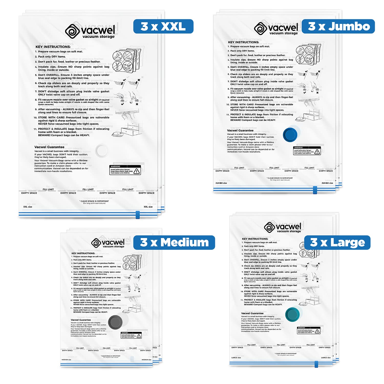 Vacwel 12-Pack Variety - Vacuum Storage Bags For Clothes, Packing & Storage - Strong Vacuum Space Bags For Comforter, Quilt & Ma