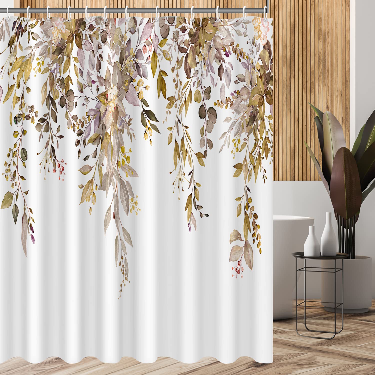 Nuseiis Brown Long Eucalyptus Shower Curtain 72X78 Inch, Watercolor Botanical Leaves Fabric Bathroom Curtain