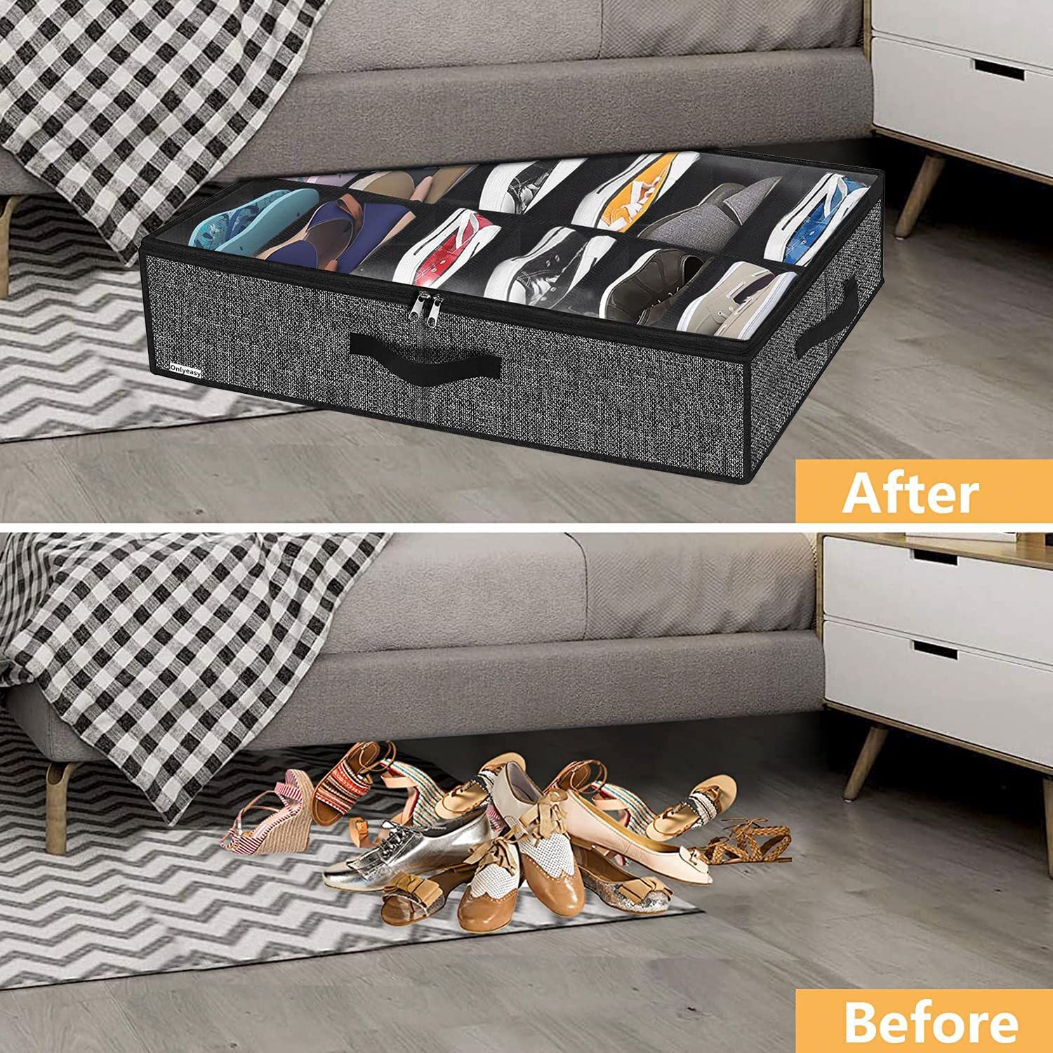 Onlyeasy Sturdy Under Bed Shoe Storage Organizer, Set of 2, Fits Total 24 Pairs, Underbed Shoes Closet Storage Solution with Cle