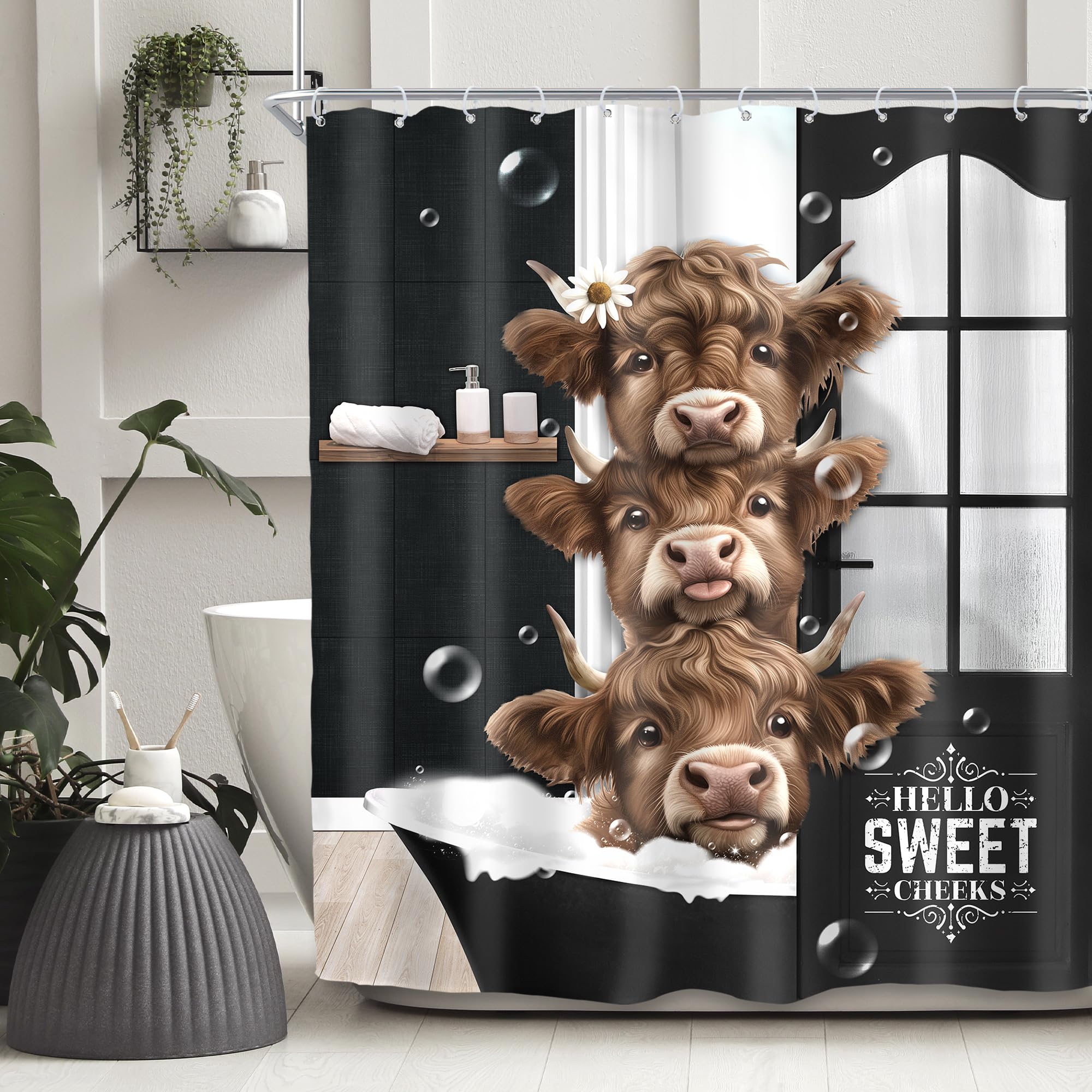 Svbright Funny Highland Cow Shower Curtain 60Wx72L Inch Western Kids Bull Calf Farmhouse Cute Animal Country Black Barn Cattle 1