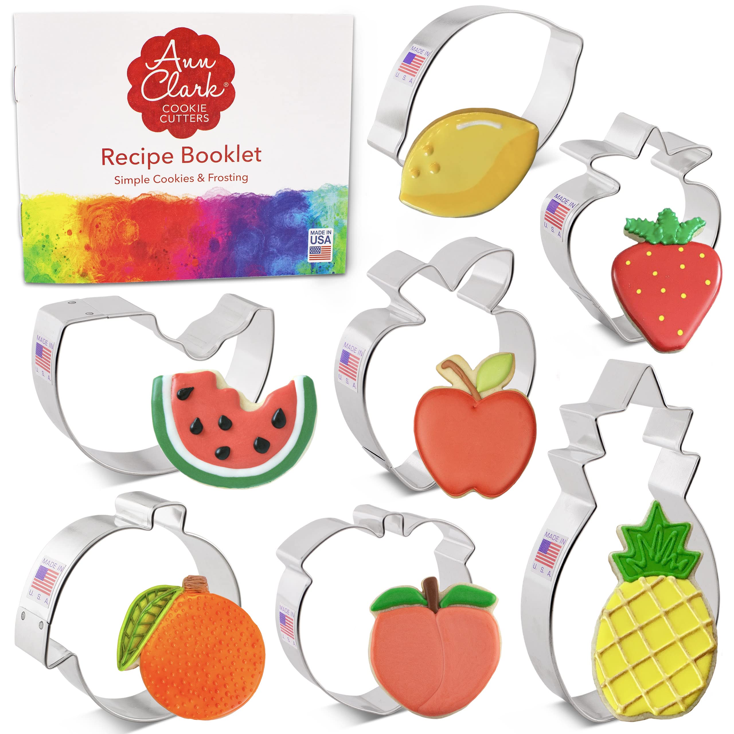 Fruit Basket Cookie Cutters 7Pc. Set Made in the USA by Ann Clark, Lemon, Peach, Pineapple, Watermelon, Orange, Strawberry, App