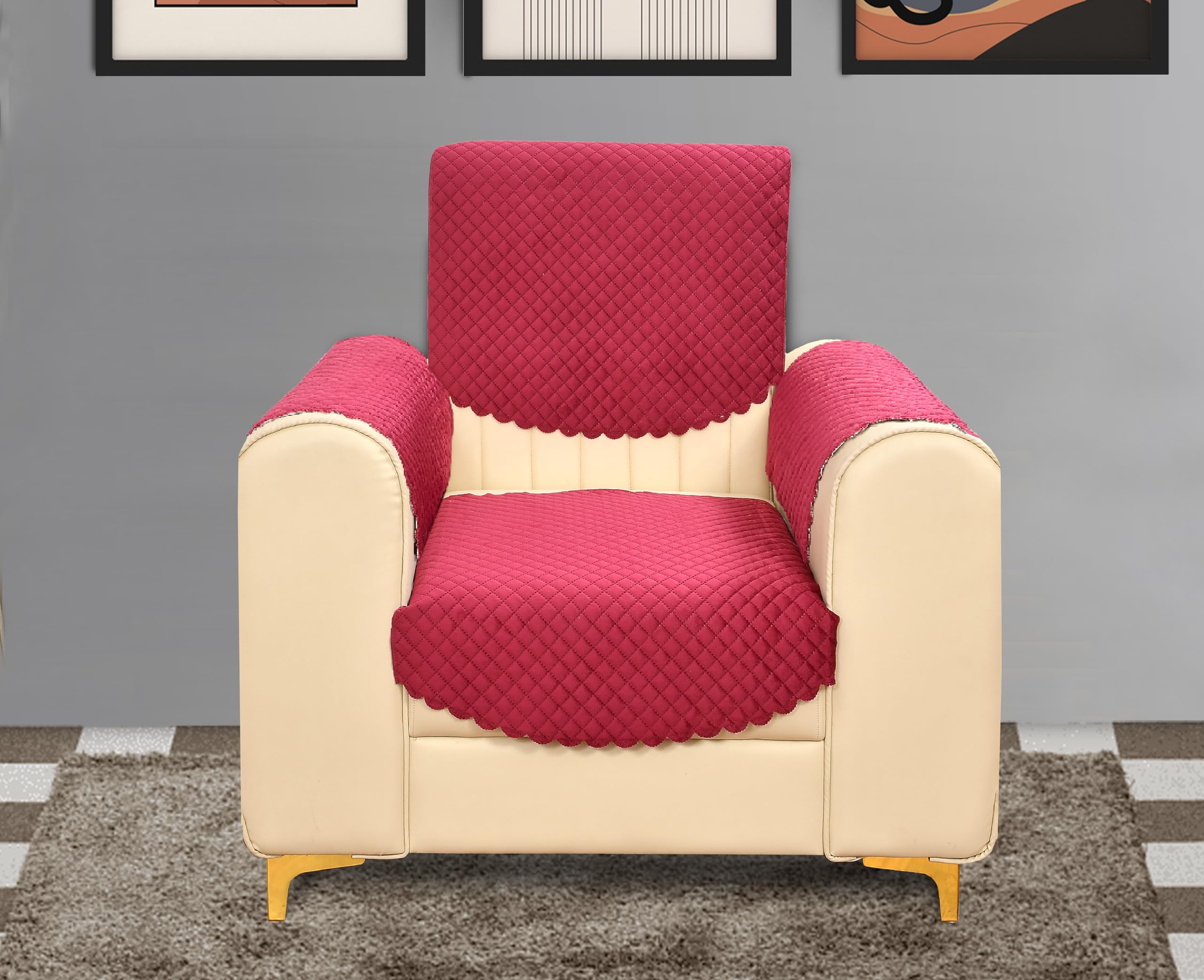 Yellow Weaves 1 Seater Self Design Quilted Sofa Chair Cover With Arm Cover, Seat & Back Cover, Color - Cardinal Red