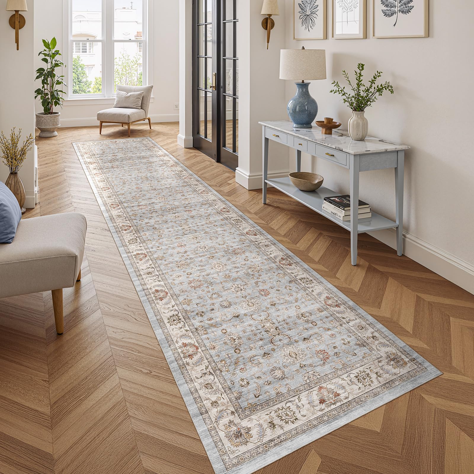 WITSHOCK 3x10 Washable Runners for Hallways, Vintage Ultra-Thin Non Slip Runner Rugs- Low Pile Lightweight Print Rug for Kitchen