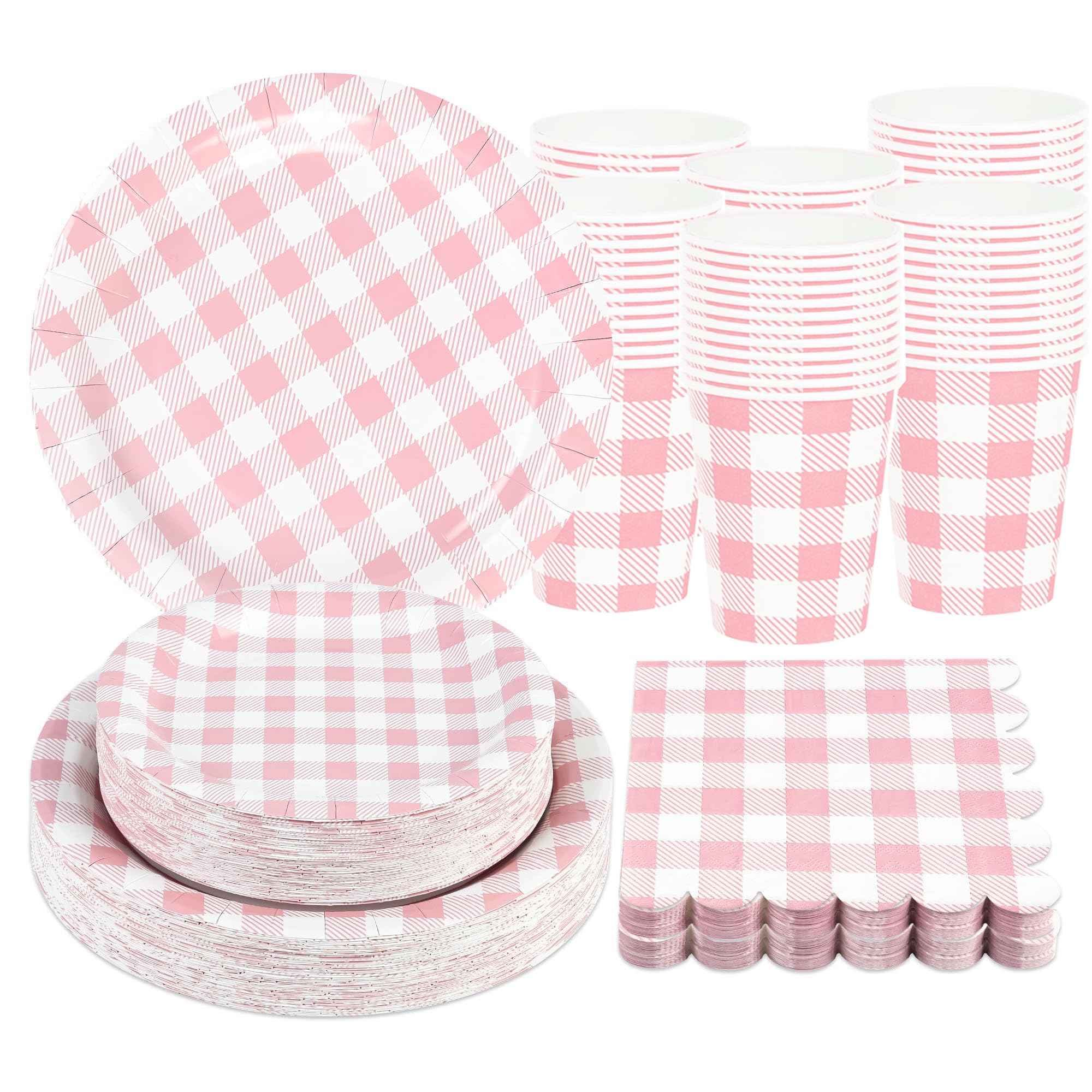 Purhapfre 200Pcs Pink Gingham Party Supplies Pink Gingham Paper Plates and Napkins Cups Checkered Plates Disposable Pinks and Wh