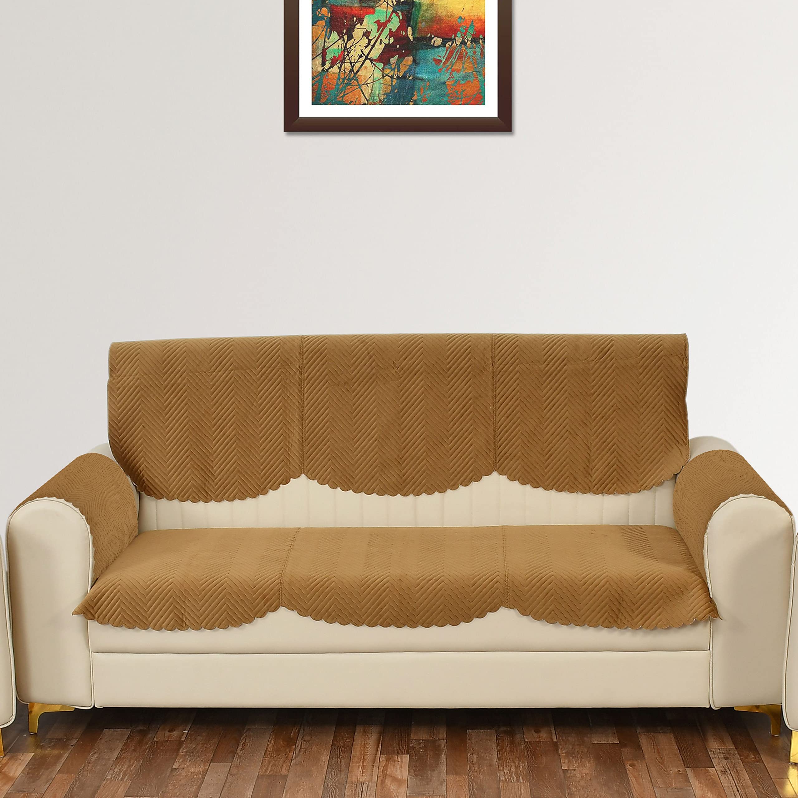 Yellow Weaves 3 Seater Quilted Sofa Cover And Chair Cover With Arm Cover, Seat & Back Cover, Color - Brown, Velvet