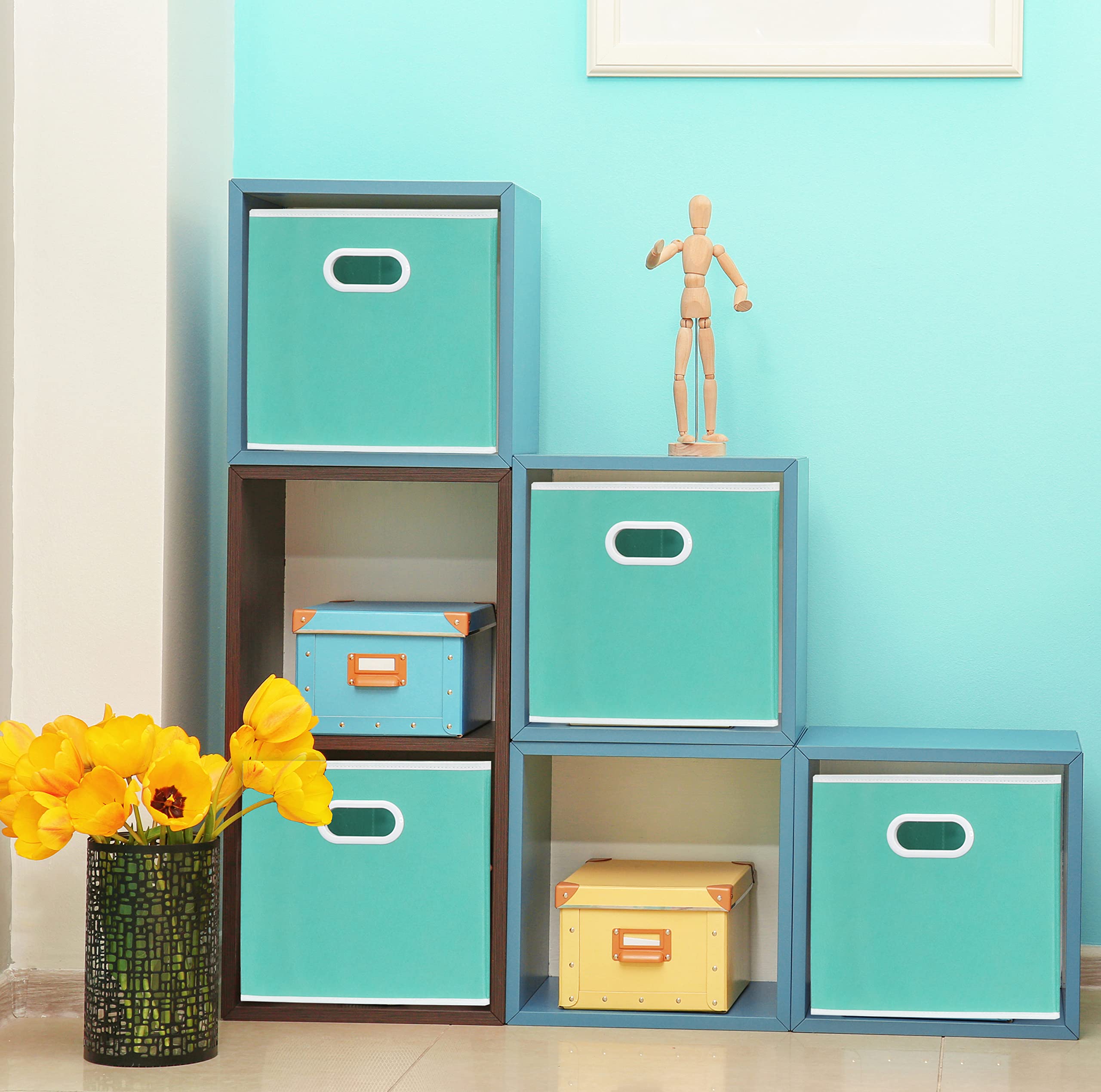 Simple Houseware Foldable Cube Storage Bin With Handle, Turquoise - 6 Pack