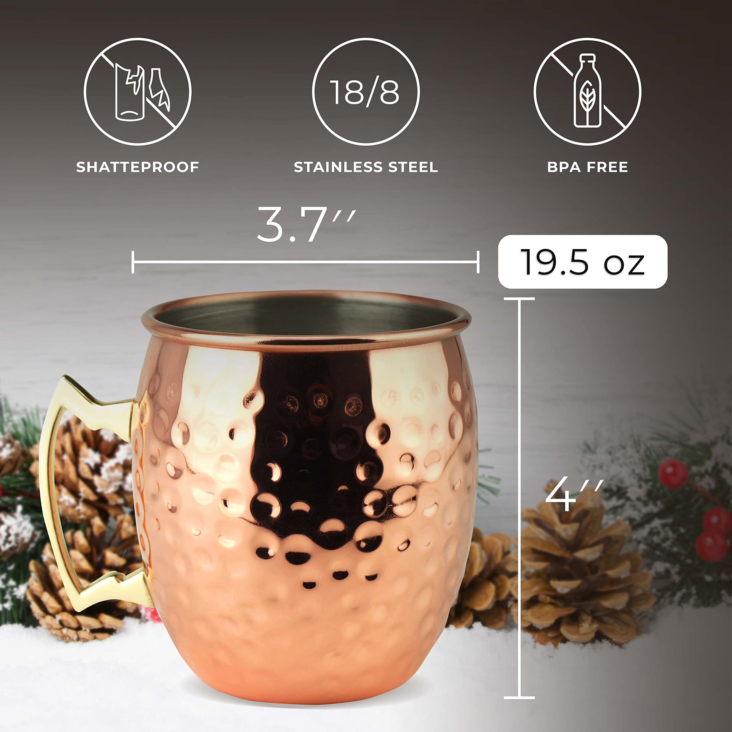 Pg Moscow Mule Mugs | Large Size 19 Ounces | Set Of 4 Hammered Cups | Stainless Steel Lining | Pure Copper Plating | Gold Brass