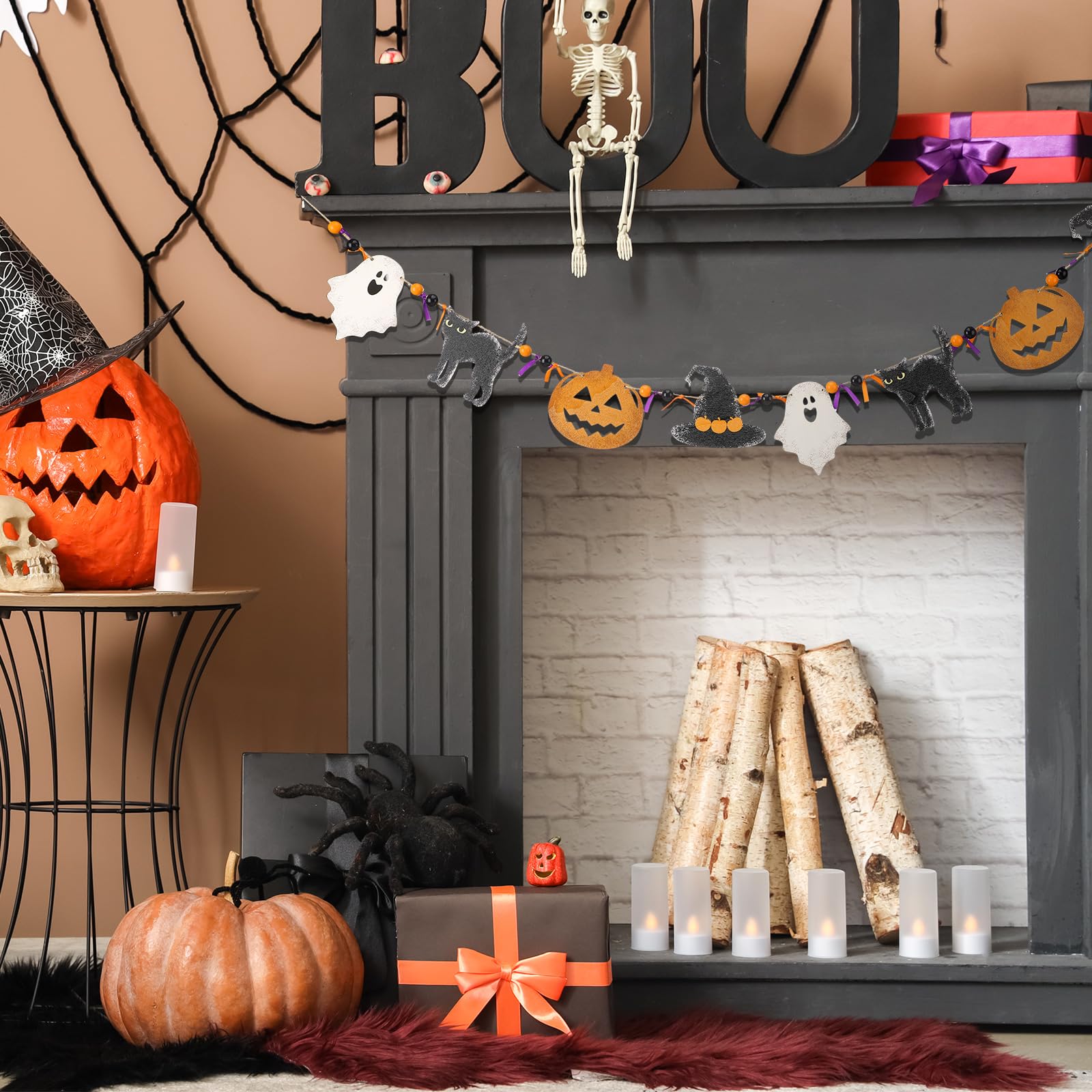 Cinnvoice 8.2 ft Halloween Black Cat Ghost Witch Hat Pumpkin Garland Wooden Beads Garland Rustic Farmhouse Country Decor Wood Ba