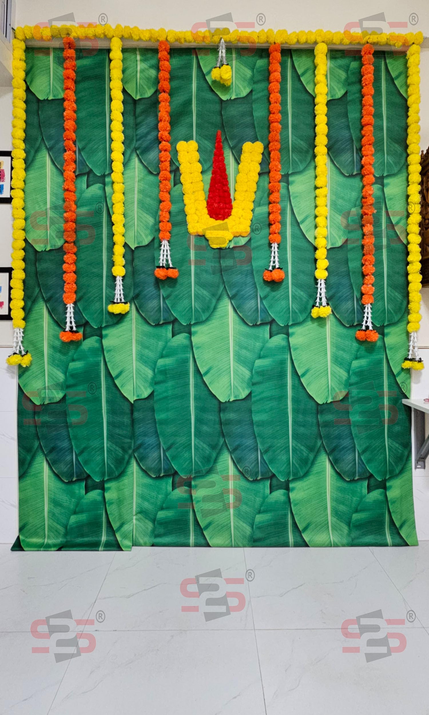 S2S Plastic Venkateswara Swami Namalu Artificial Fluffy Marigold Flowers Backdrop Wall Door For Pooja Decoration Traditional Bac