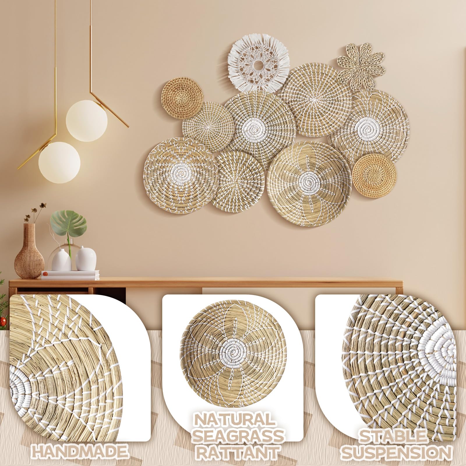 Xuhal 11 Pcs Boho Hanging Wall Basket Decor Handmade Woven Basket Wall Decorative Boho Wicker Baskets Placemats Round Farmhouse