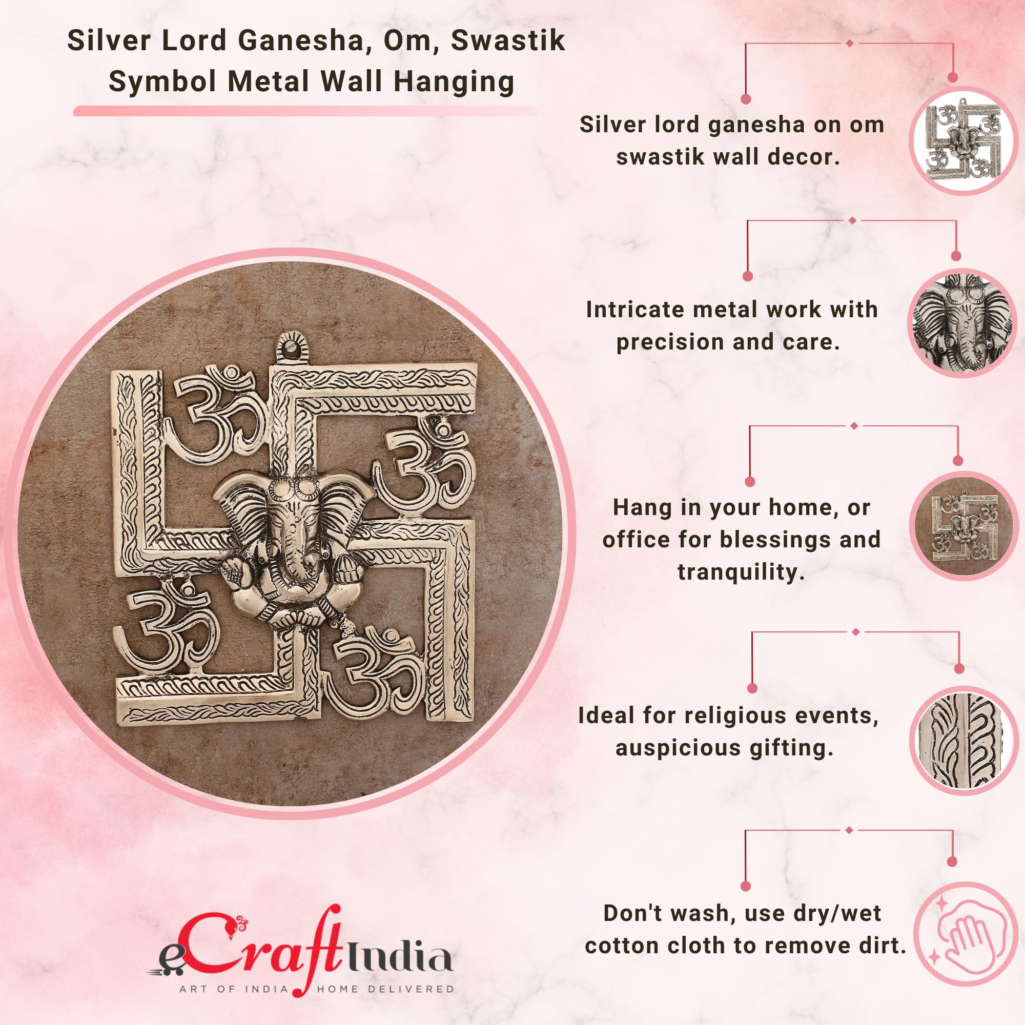Ecraftindia Lord Ganesha On Om Swastik Metal Silver Wall Hanging