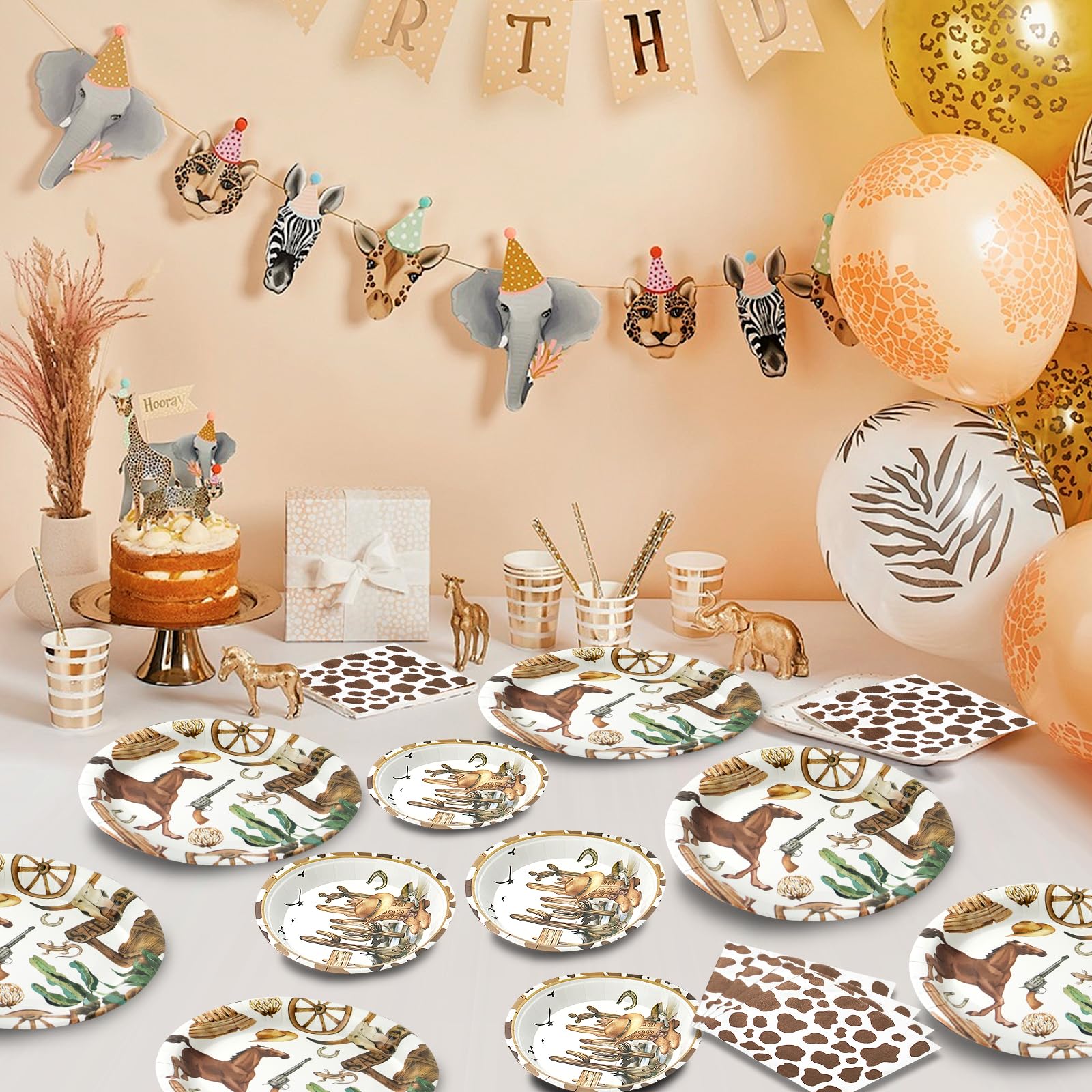 180Pcs Cowboy Party Supplies Serve 60, Western Party Paper Plates And Napkins Kit For Wild West Cowboy Rodeo Birthday Baby Showe
