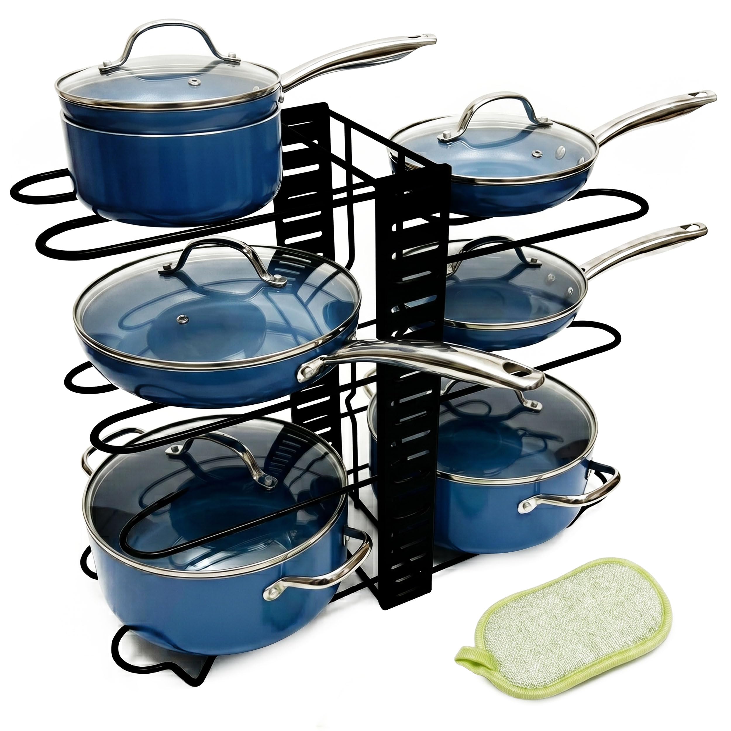TMiT Pots and Pans Organizer Rack  Adjustable 8 Tier Pan Organizer for Cabinet, Heavy Duty Cookware Storage Rack, Pot Lid Holde