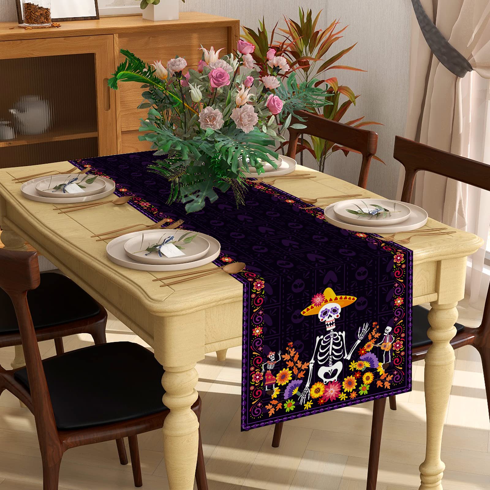Linen Purple Day Of The Dead Table Runner Dia De Los Muertos Tablecloth Mexican Halloween Sugar Skull Home Kitchen Dining Table