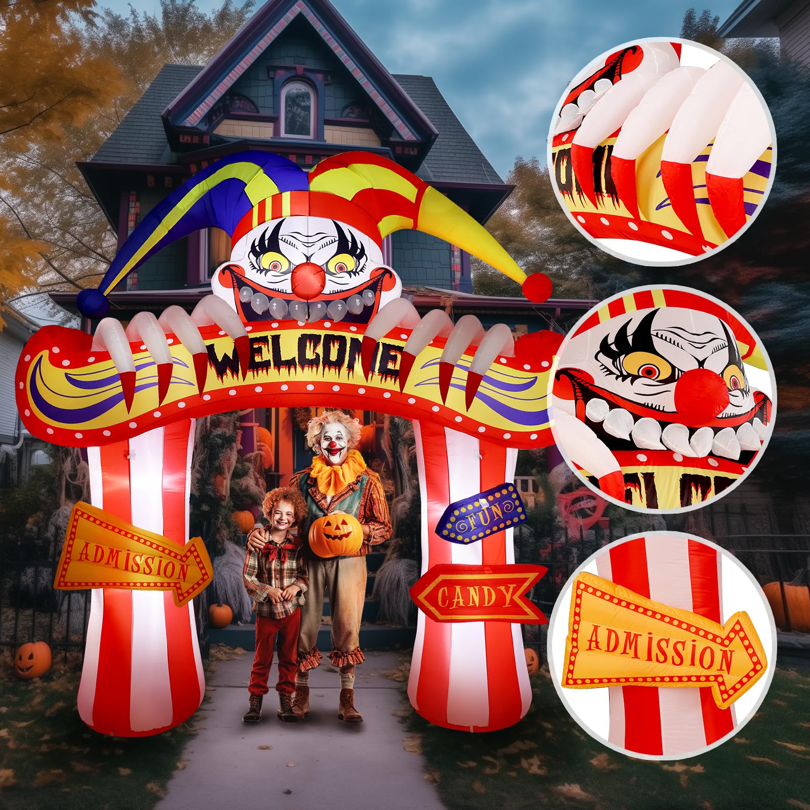 WBHome 10 Ft Halloween Inflatable Clowns Arched Door Outdoor Decorations, Day of The Dead Blow Up Yard Decor with Built-in LED L