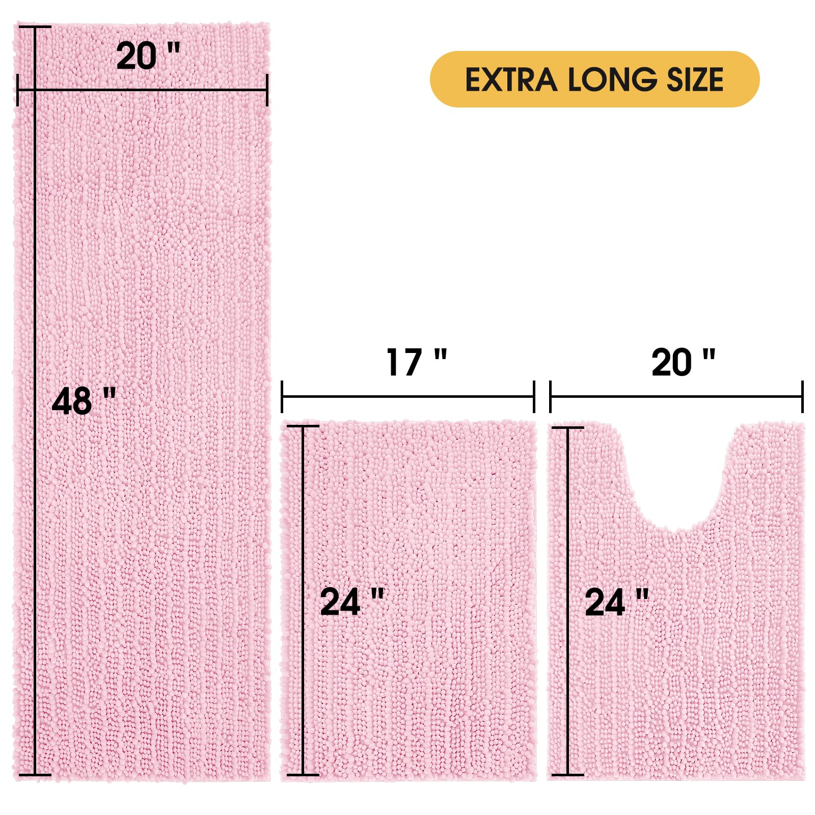 Accumtek Upgrade Extra Large Pink Bathroom Rug Set 3 Pieces Ultra Soft, Thick Absorbent Bath Mats, Non Slip Chenille Toilet Mat