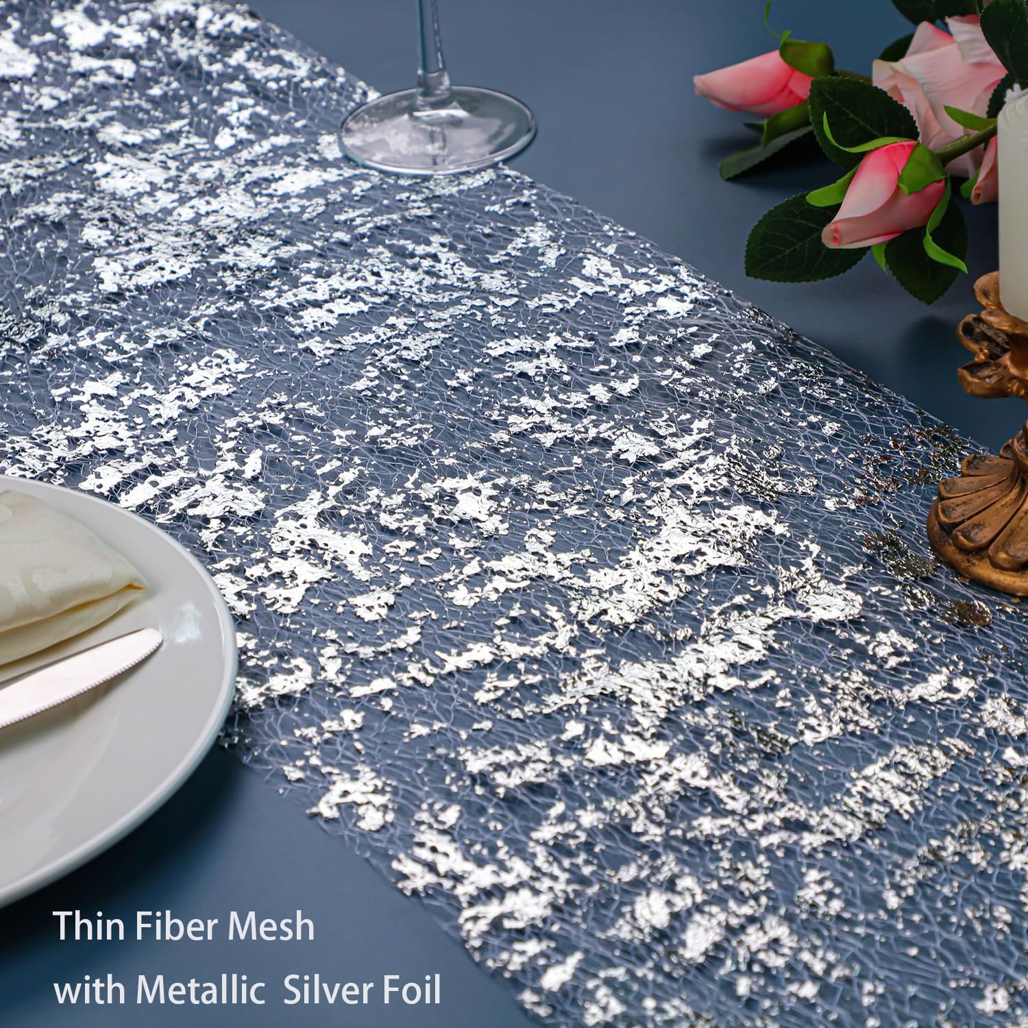 Snowkingdom Silver Table Runner, Sequin Glitter Foil Metallic Silver Mesh Table Runner Roll 11 Inch X 49 Feet, Silver Table Deco