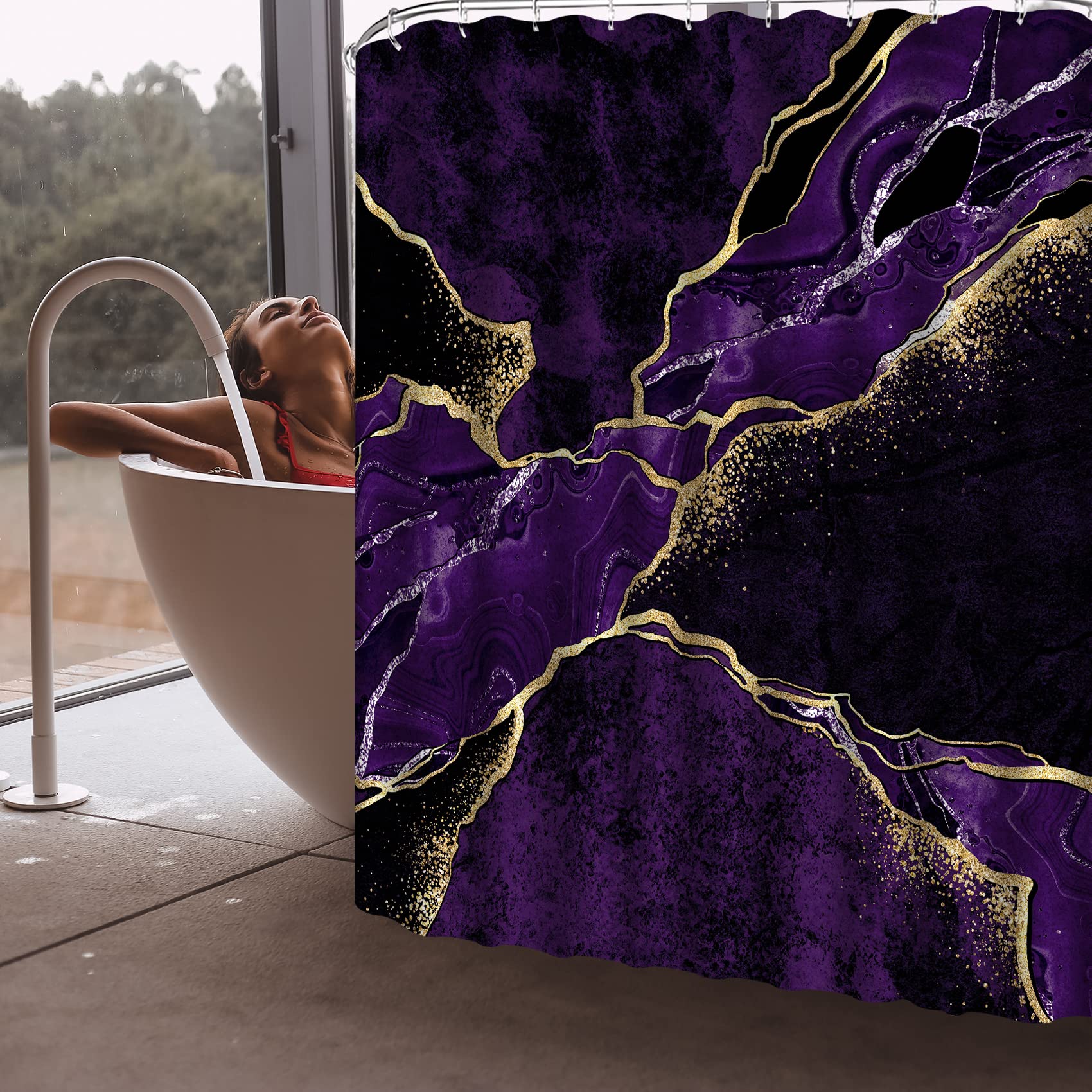 4 Pcs Purple Marble Shower Curtain Sets  Gold Cracked Lines Black Bathroom Decor  Rug Toilet Lid Cover and Non-Slip U Shape Mat  Abstract Modern Luxury Waterproof Shower Curtain with 12 Hooks  72 x 72
